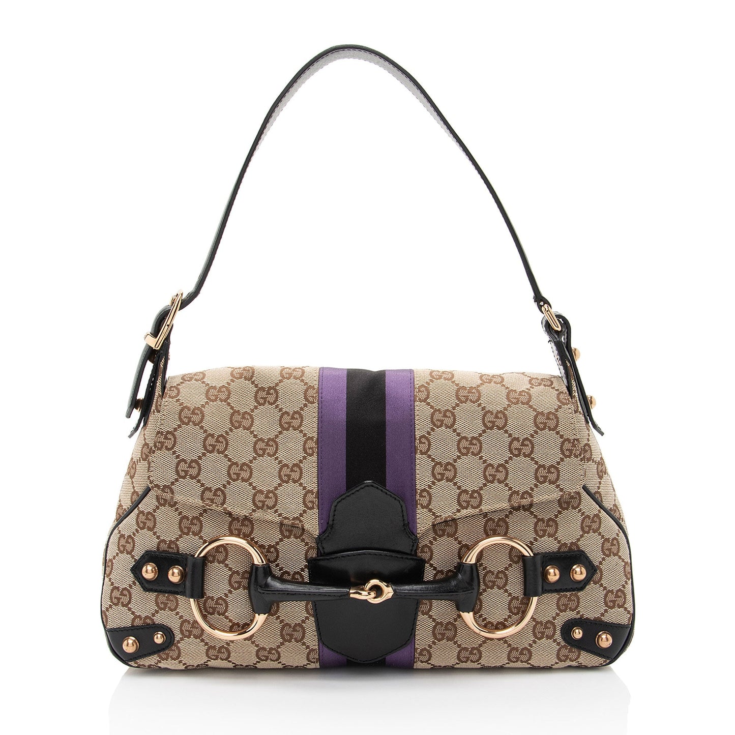 Gucci GG Supreme Horsebit Web Flap Leather Canvas Satin Black Shoulder Bag