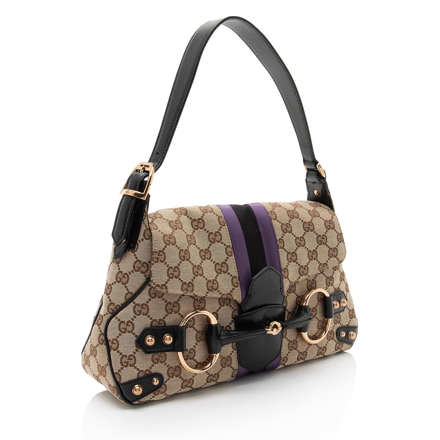 Gucci GG Supreme Horsebit Web Flap Leather Canvas Satin Black Shoulder Bag