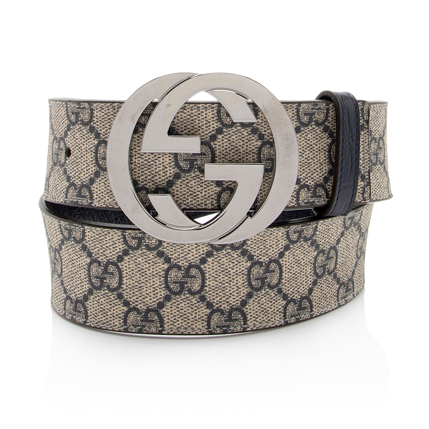 Gucci GG Supreme Interlocking G Belt Leather Canvas Beige Blue Accessory Shf 6Rxdgy