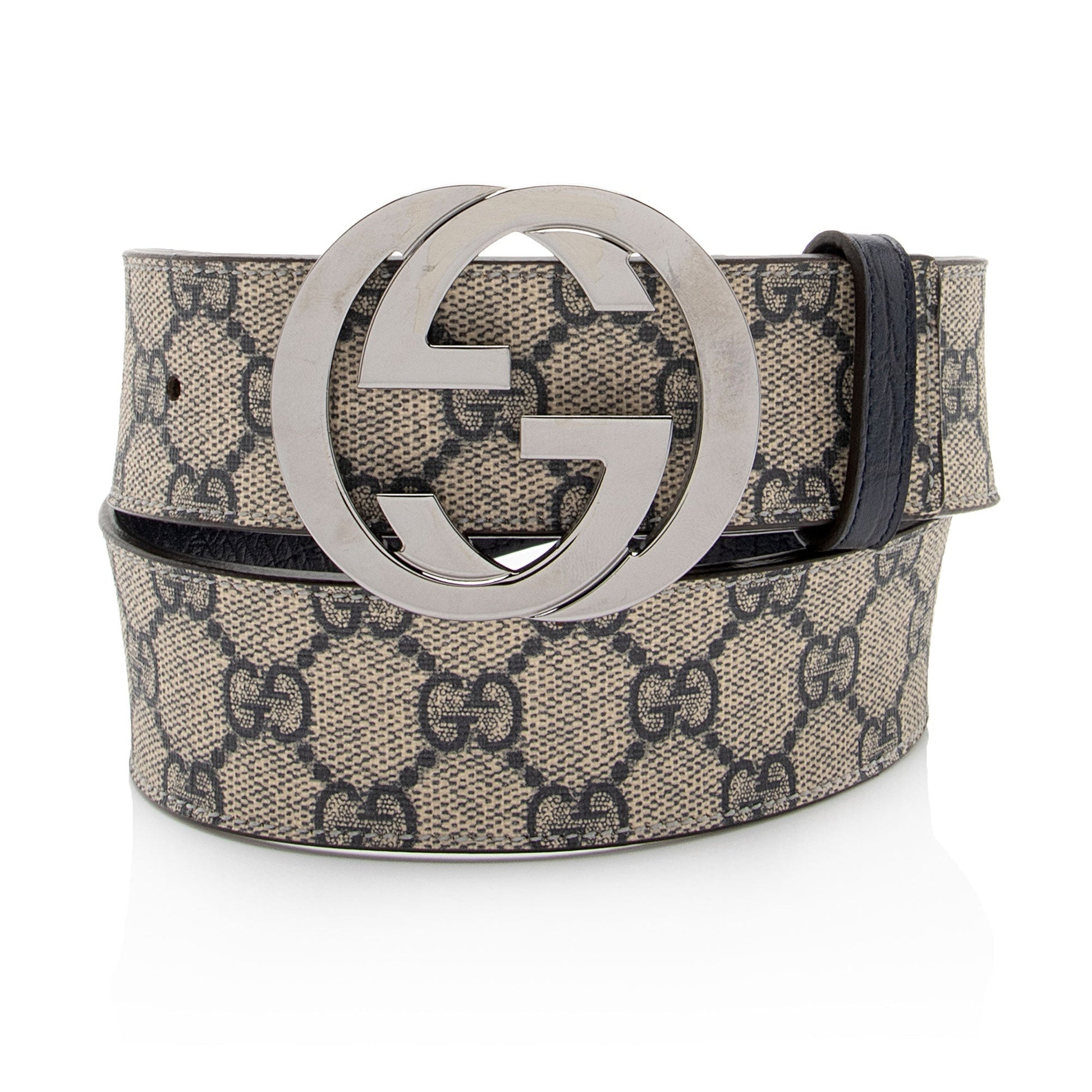 Gucci GG Supreme Interlocking G Belt Leather Canvas Beige Blue Accessory Shf 6Rxdgy