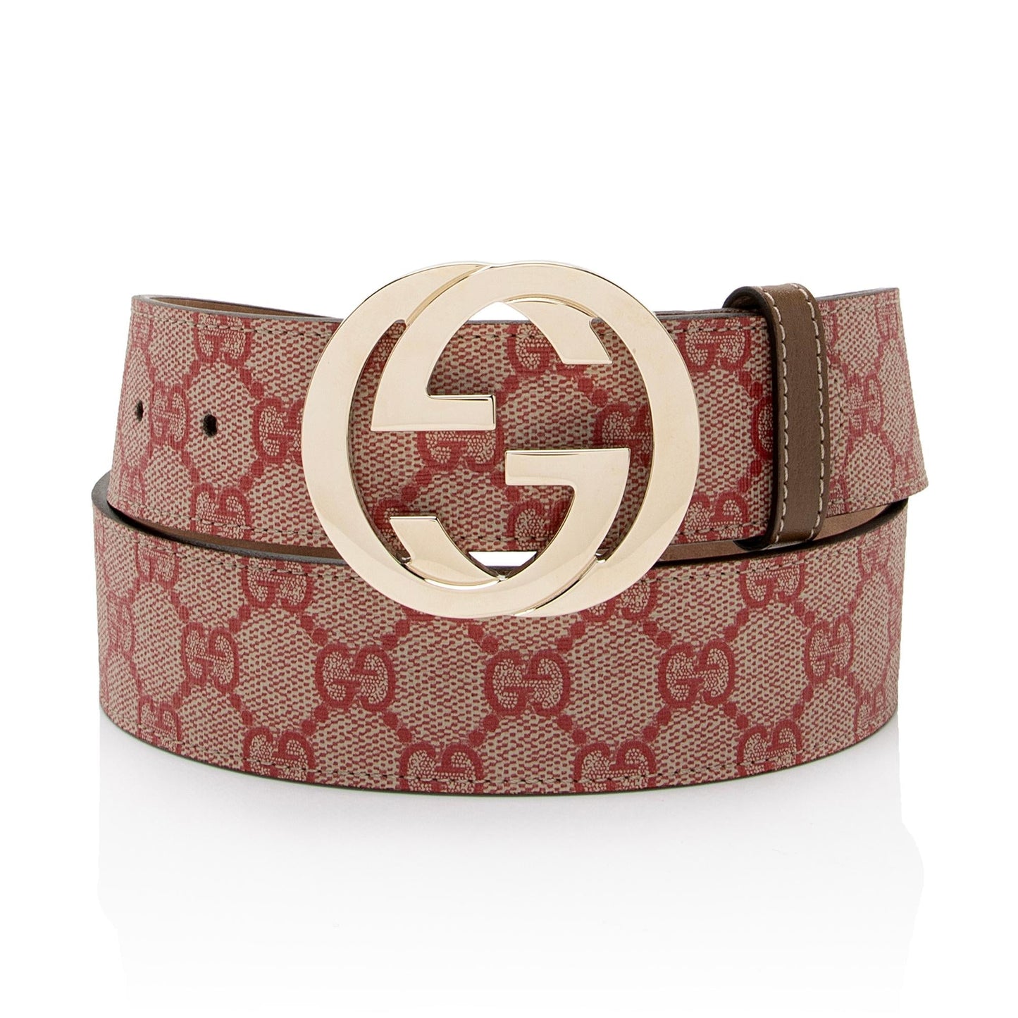 Gucci GG Supreme Interlocking G Belt Leather Canvas Beige Red Accessory