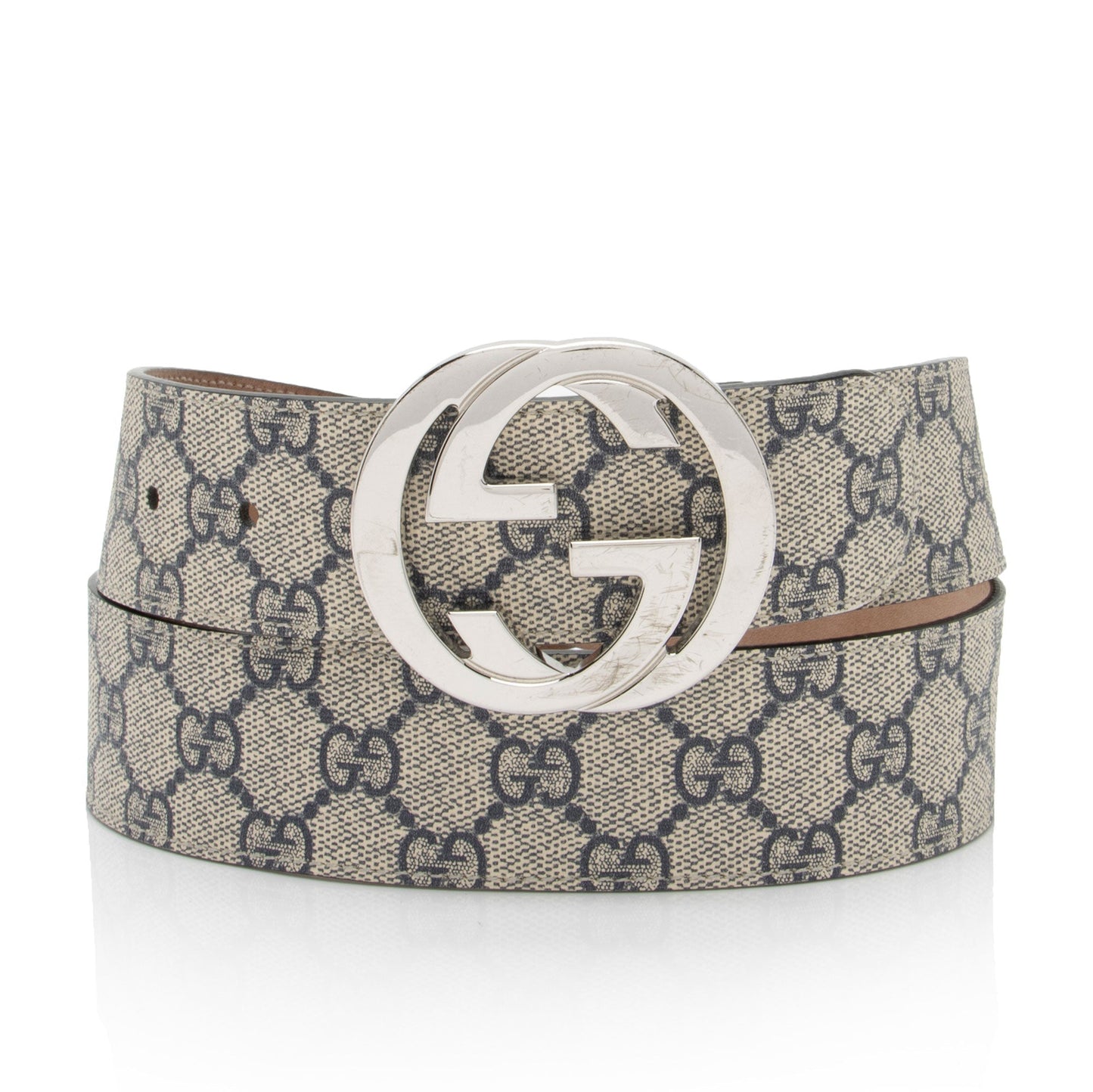 Gucci GG Supreme Interlocking G Belt Leather Canvas Beige Blue Accessory Shf Mxruhe
