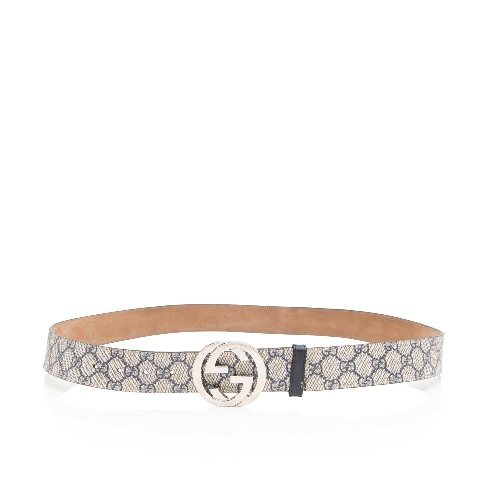 Gucci GG Supreme Interlocking G Belt Leather Canvas Beige Blue Accessory
