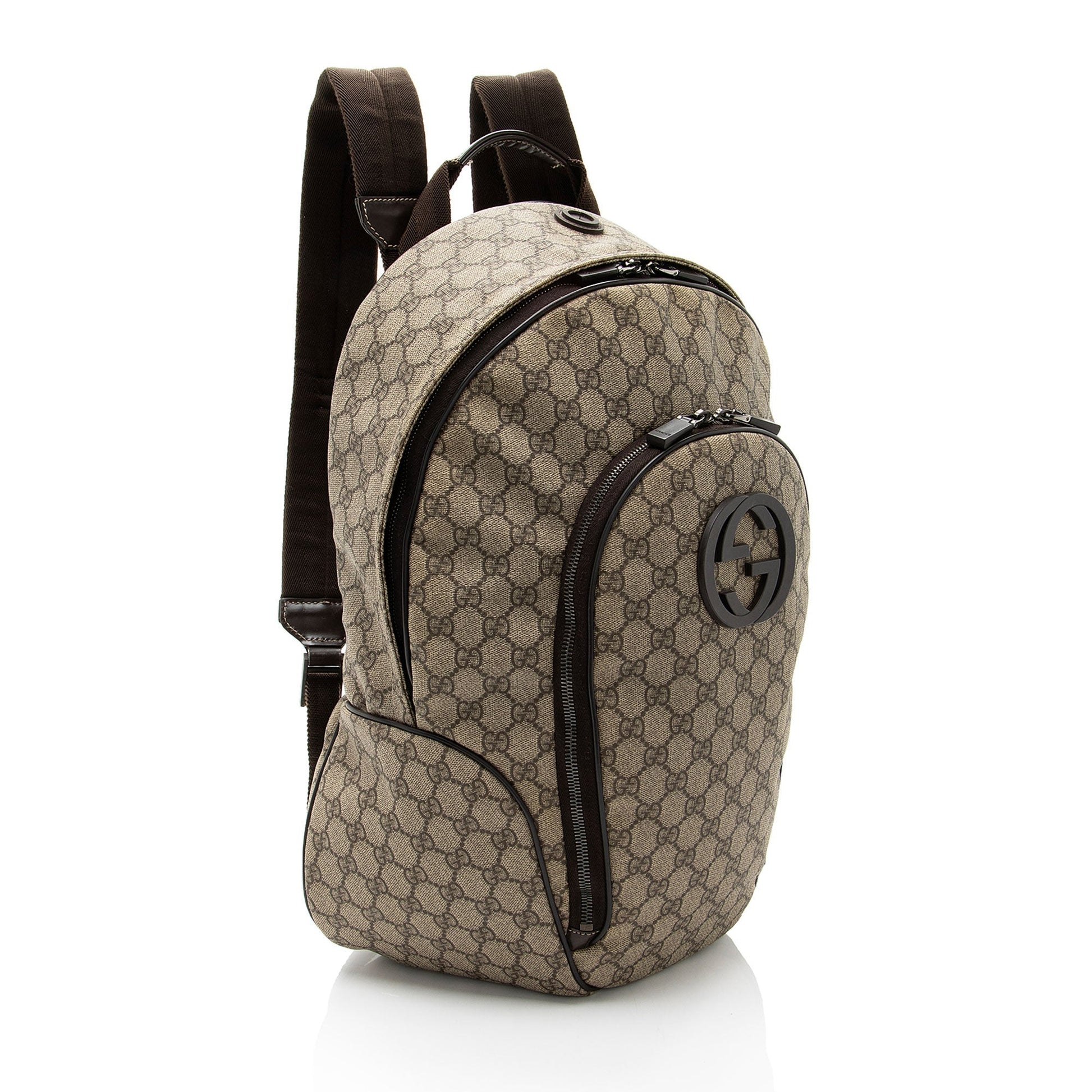 Gucci GG Supreme Interlocking G Backpack Leather Canvas Nylon Brown Shoulder Bag Shf Pflgnl