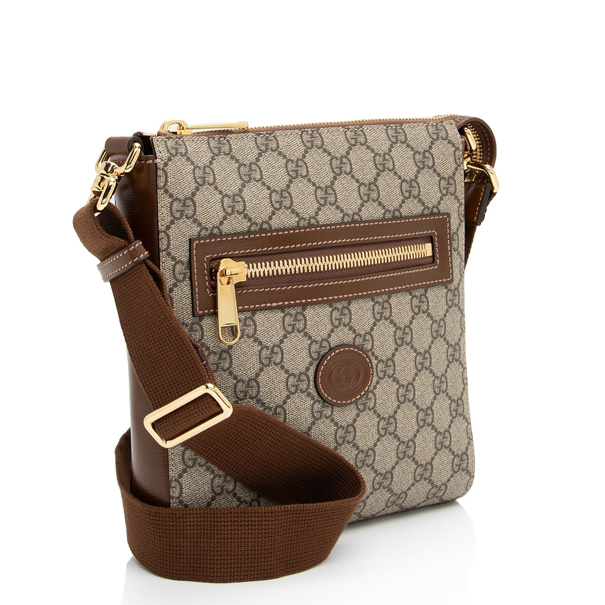 Gucci GG Supreme Interlocking G Messenger Leather Canvas Nylon Brown Shoulder Bag