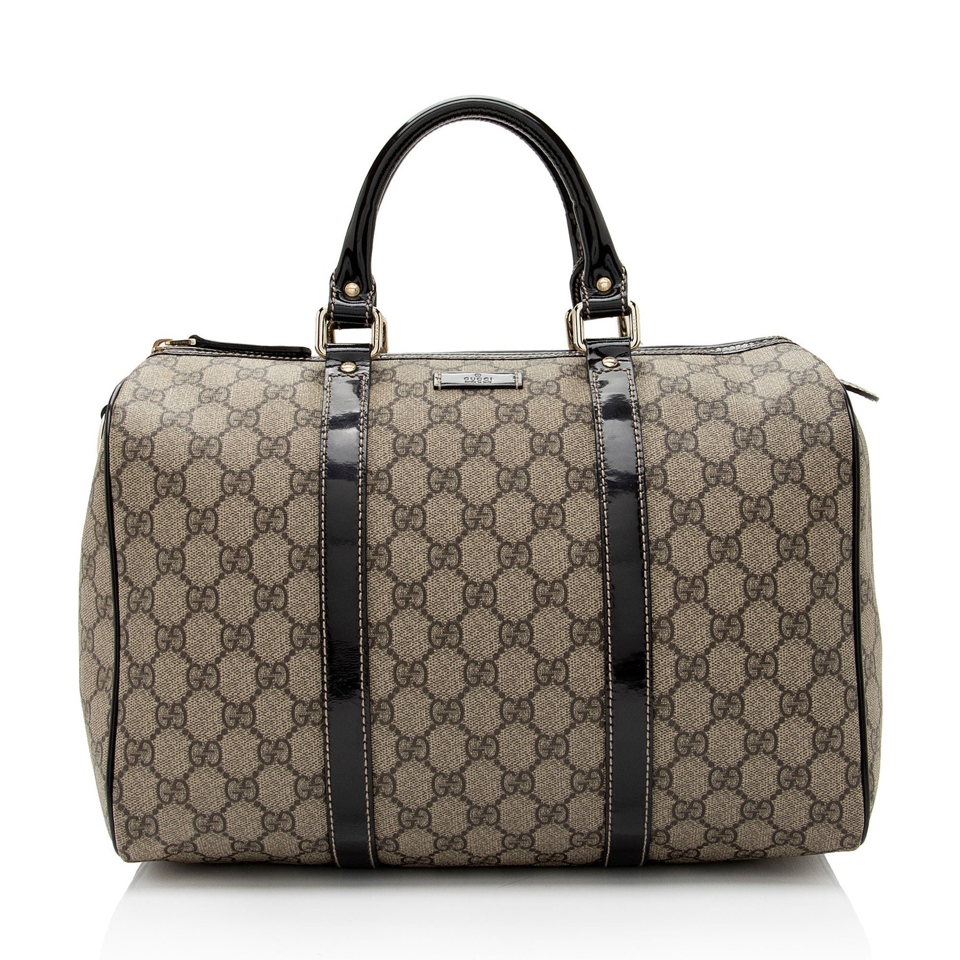 Gucci GG Supreme Joy Boston SHF-Mk6hyX Leather Canvas Patent Brown Satchel Bag