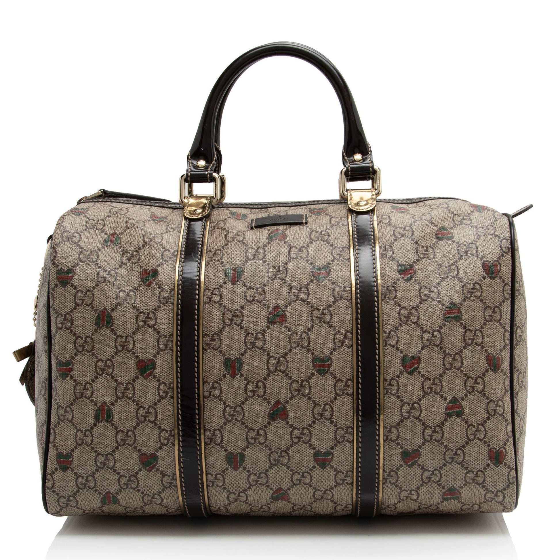 Gucci GG Supreme Tattoo Hearts Joy Leather Canvas Patent Brown Satchel Bag