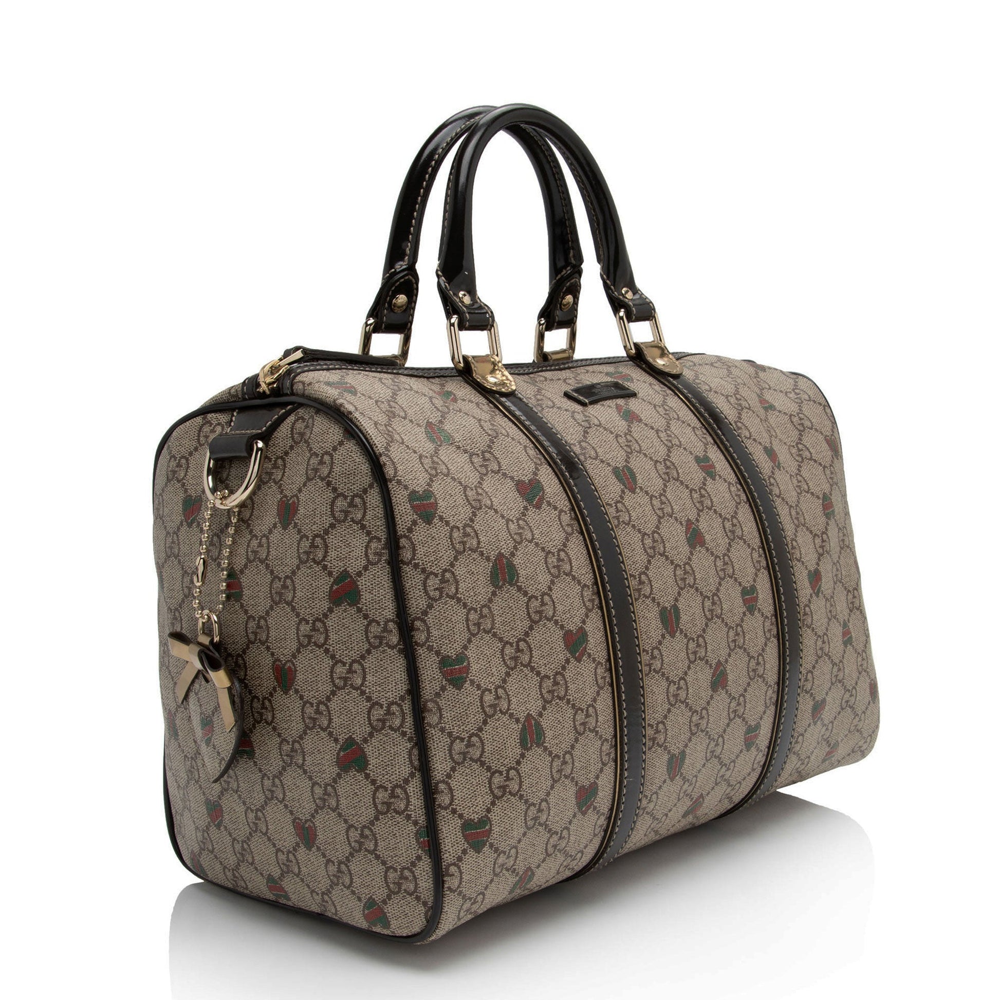 Gucci GG Supreme Tattoo Hearts Joy Leather Canvas Patent Brown Satchel Bag