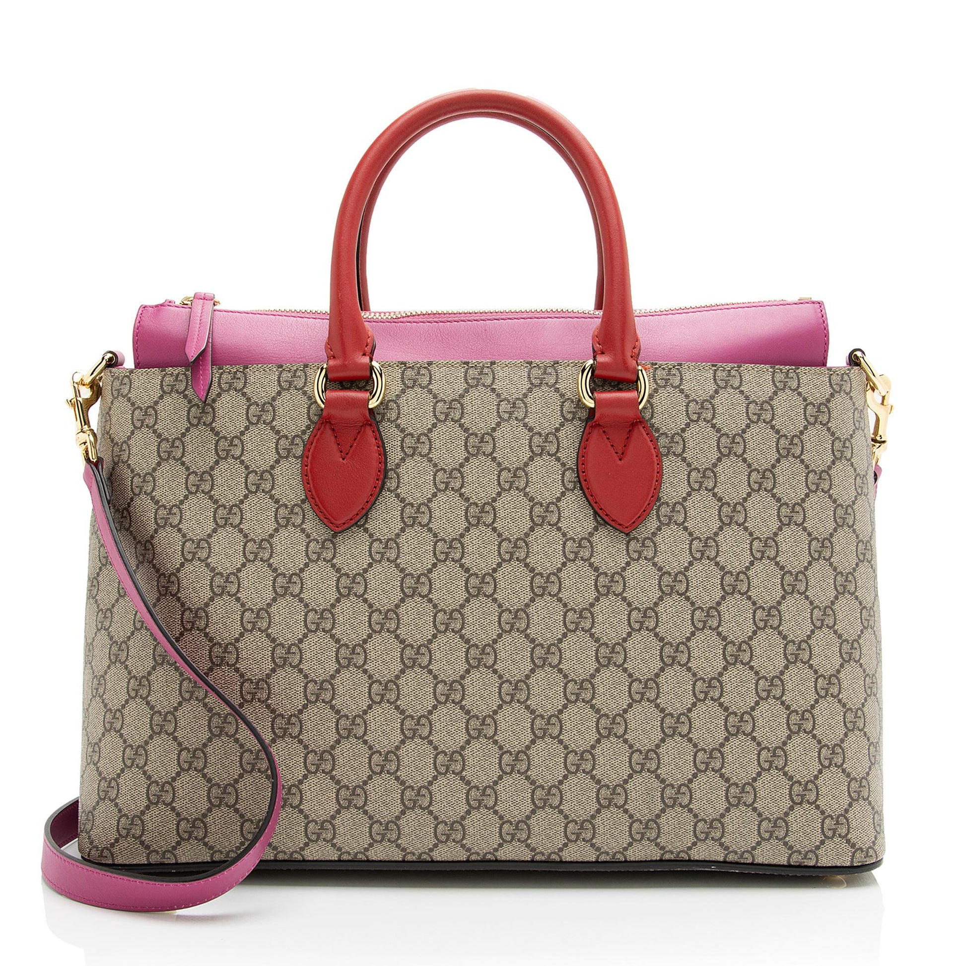 Gucci GG Supreme Zip SHF Leather Canvas Beige Pink Tote Bag
