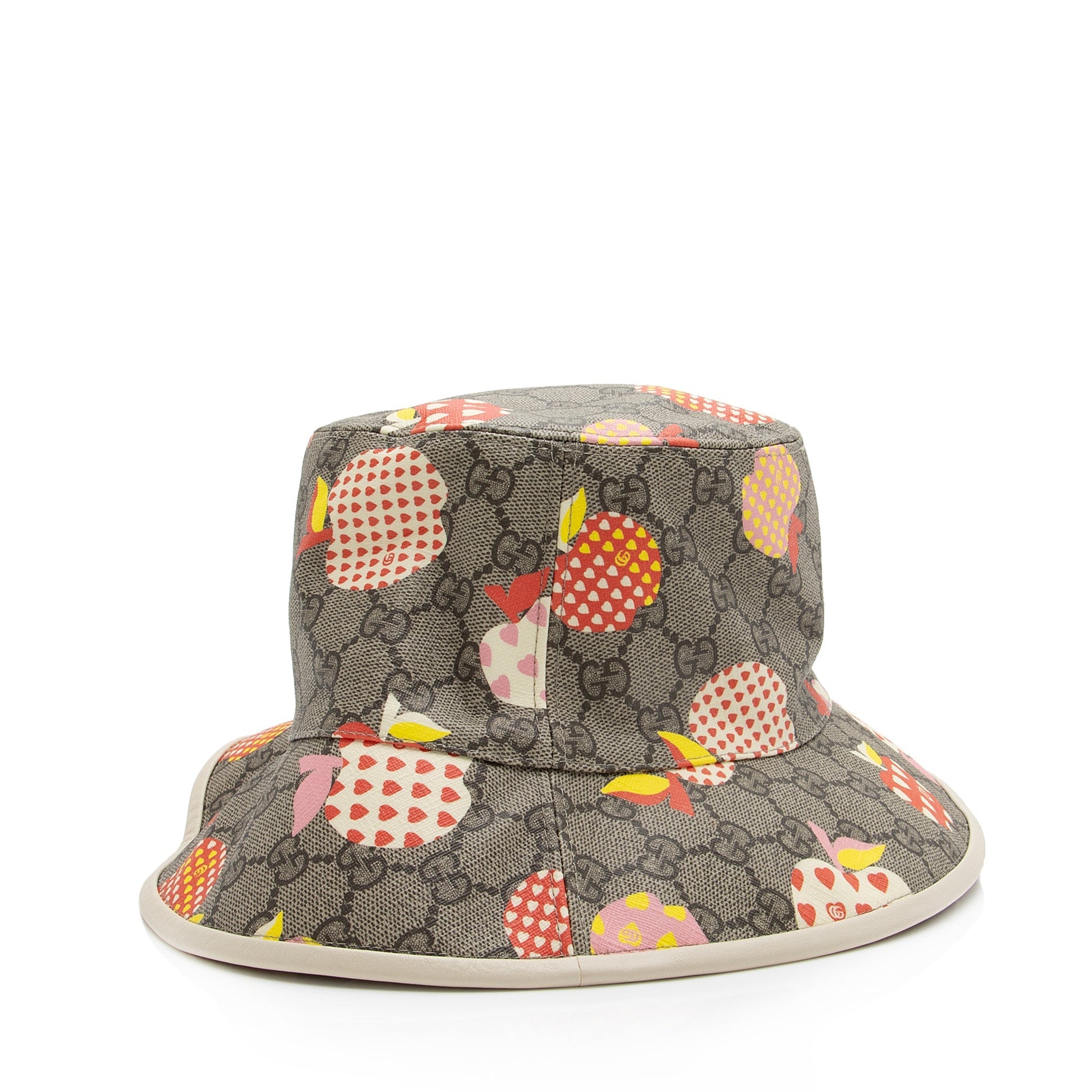Gucci GG Supreme Les Pommes Hat Leather Canvas Beige Bucket Bag