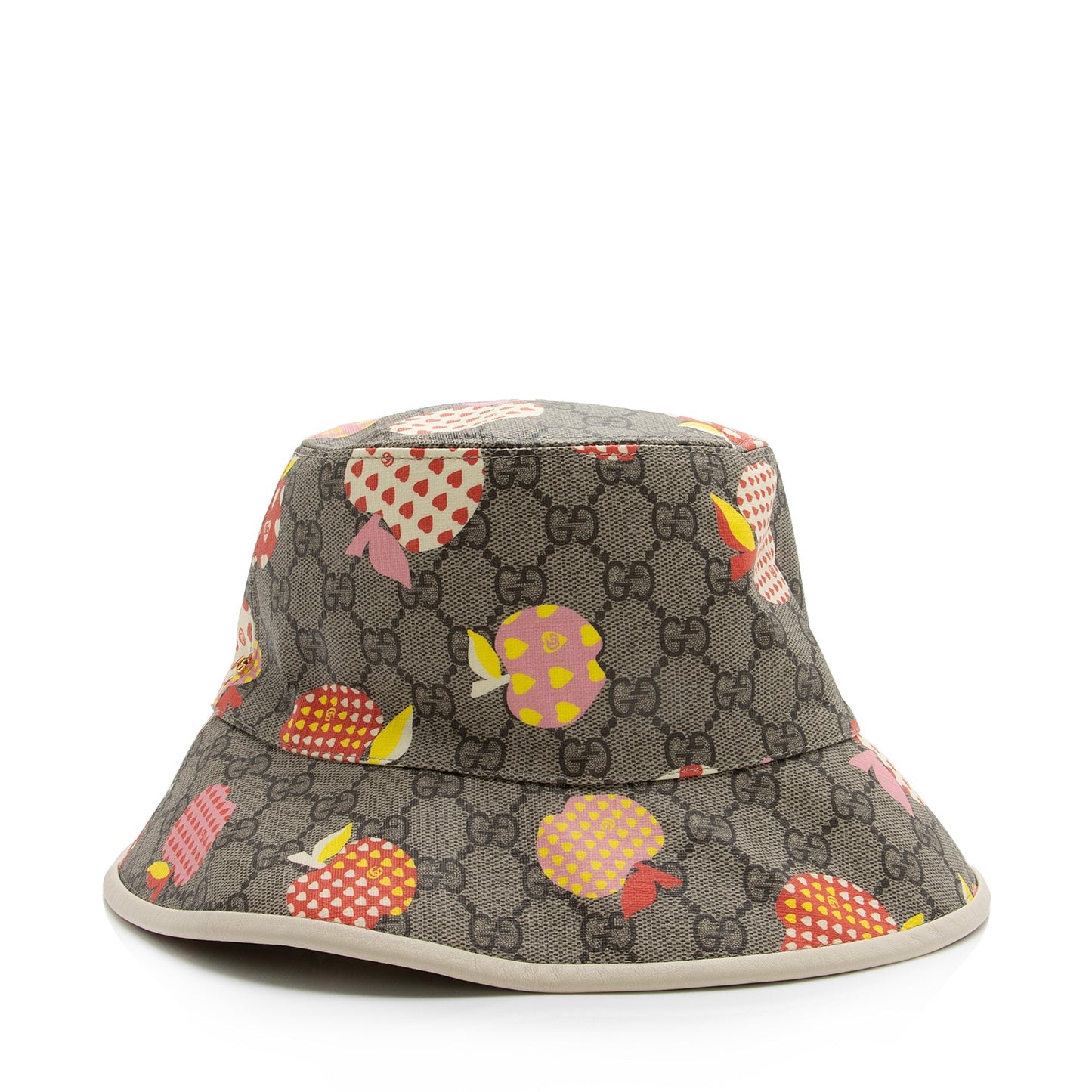 Gucci GG Supreme Les Pommes Hat Leather Canvas Beige Bucket Bag