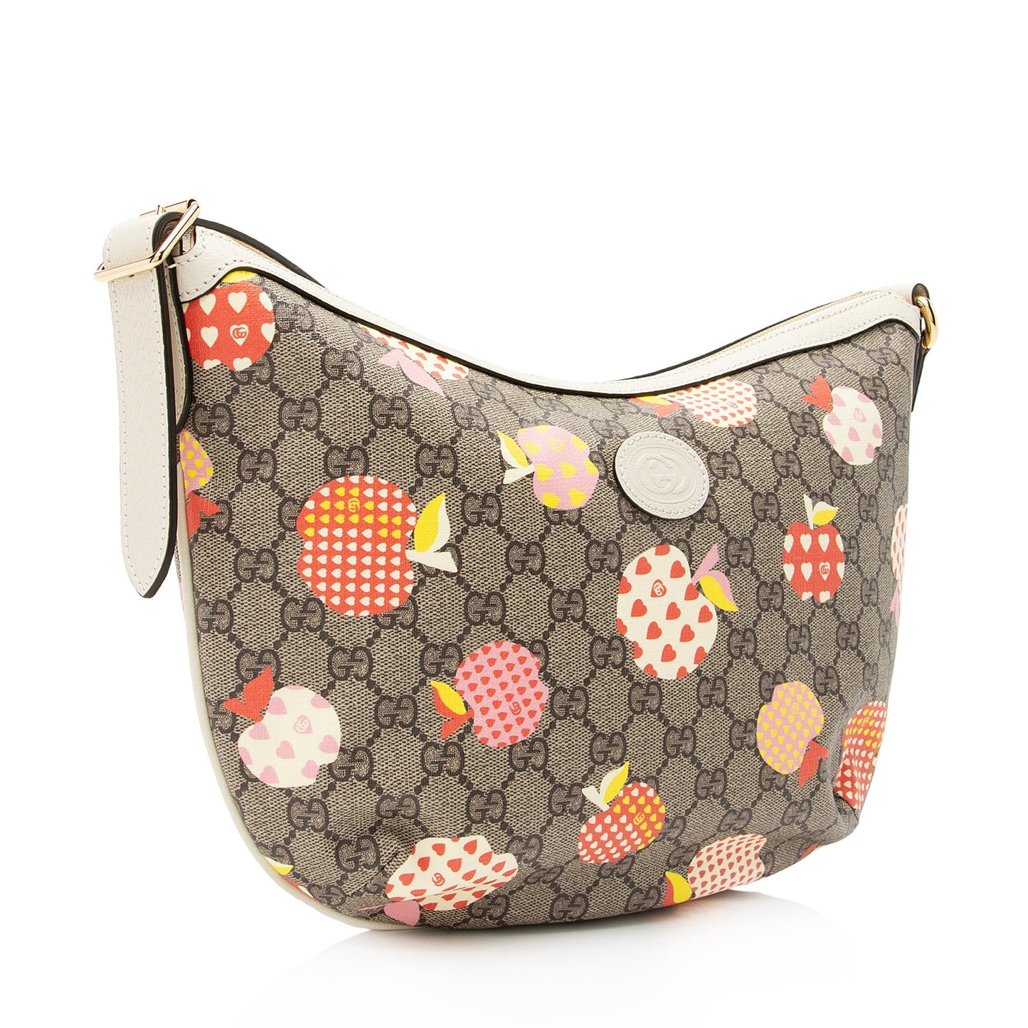 Gucci GG Supreme Les Pommes Half Leather Canvas Beige Shoulder Bag Hobo Shf