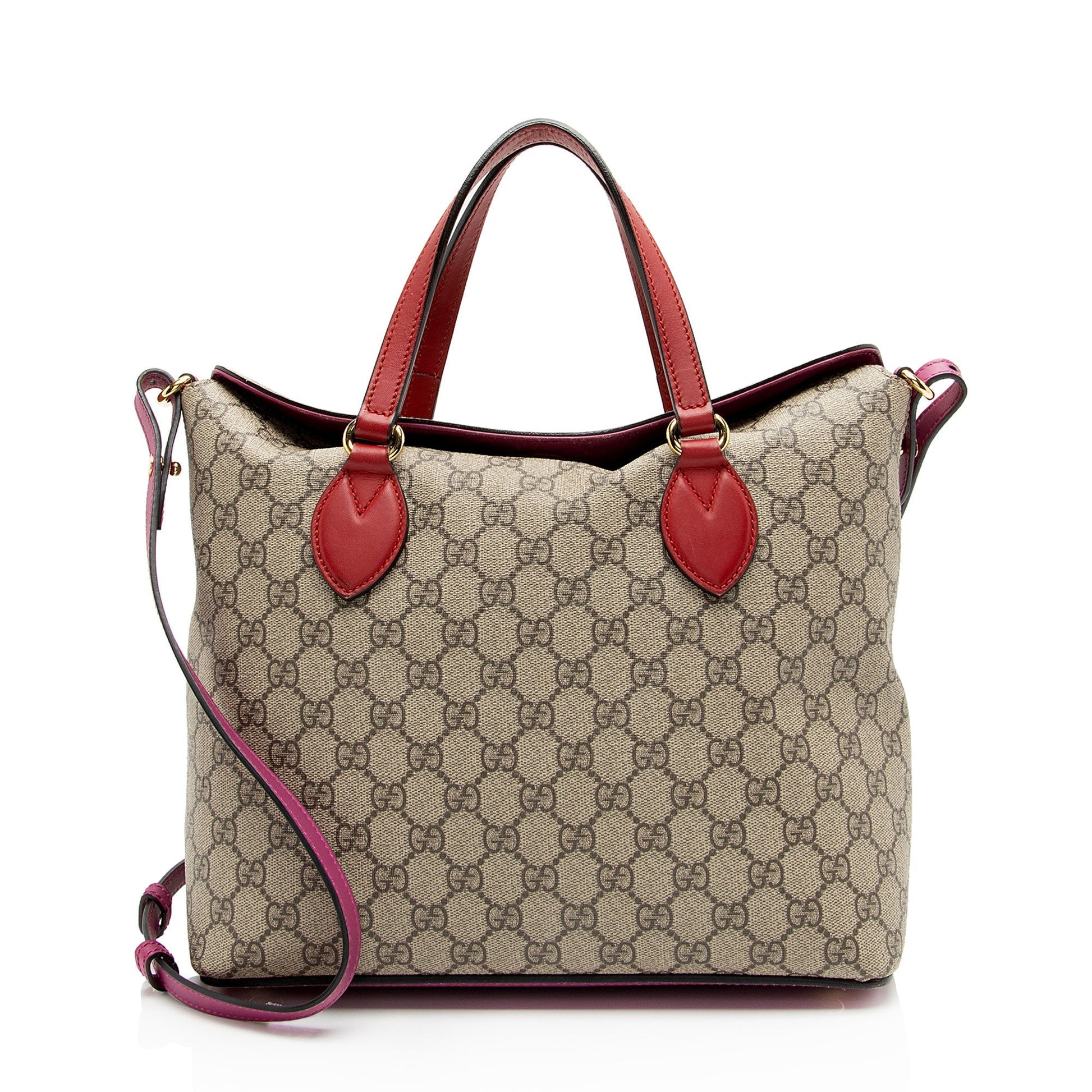Gucci GG Supreme Linea A Fold Leather Canvas Brown Red Tote Bag