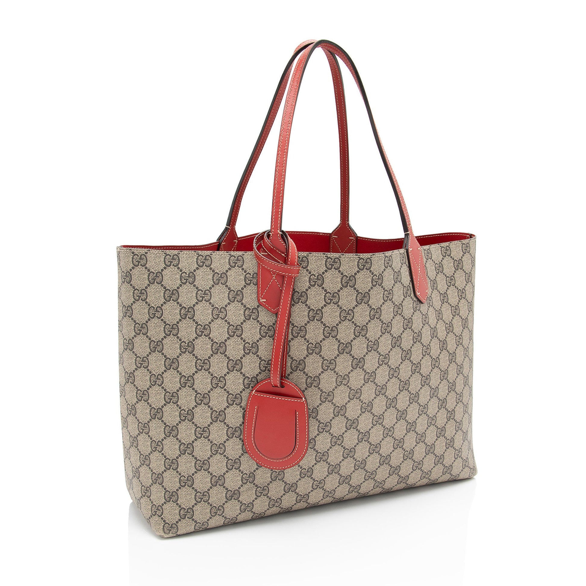 Gucci GG Supreme Reversible SHF-xrAUTl Leather Canvas Beige Red Tote Bag