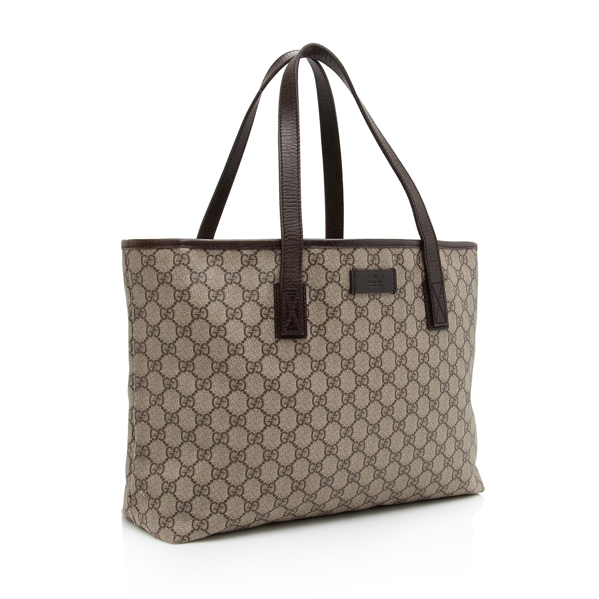 Gucci GG Supreme Zip Shopping SHF Leather Canvas Brown Beige Tote Bag
