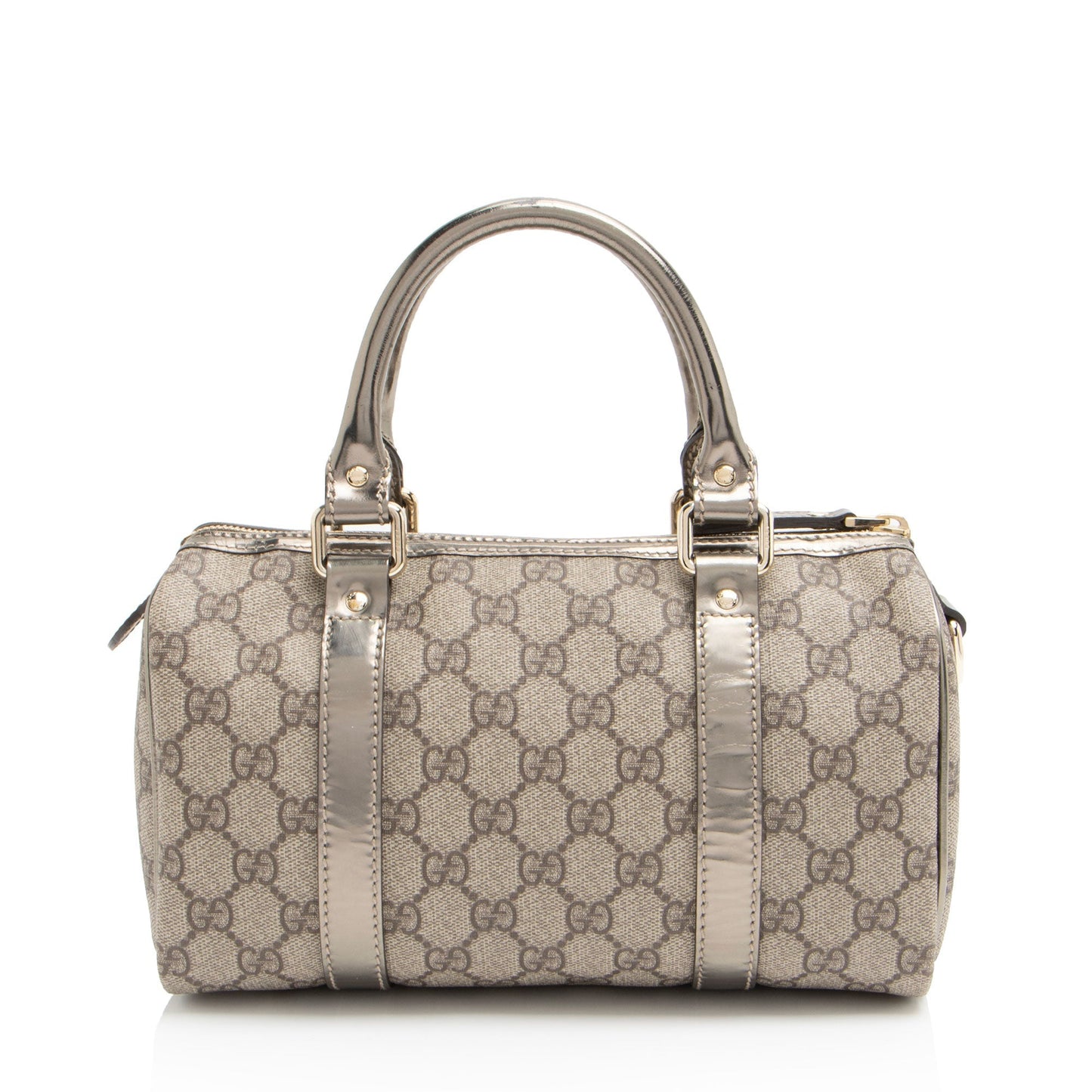 Gucci GG Supreme Metallic Joy Boston Leather Canvas Beige Gold Satchel Bag