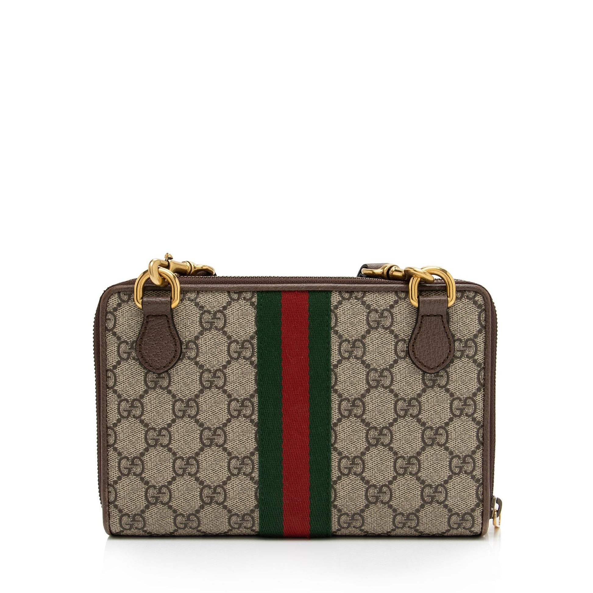 Gucci GG Supreme Ophidia Double Zip Leather Canvas Brown Beige Crossbody Bag