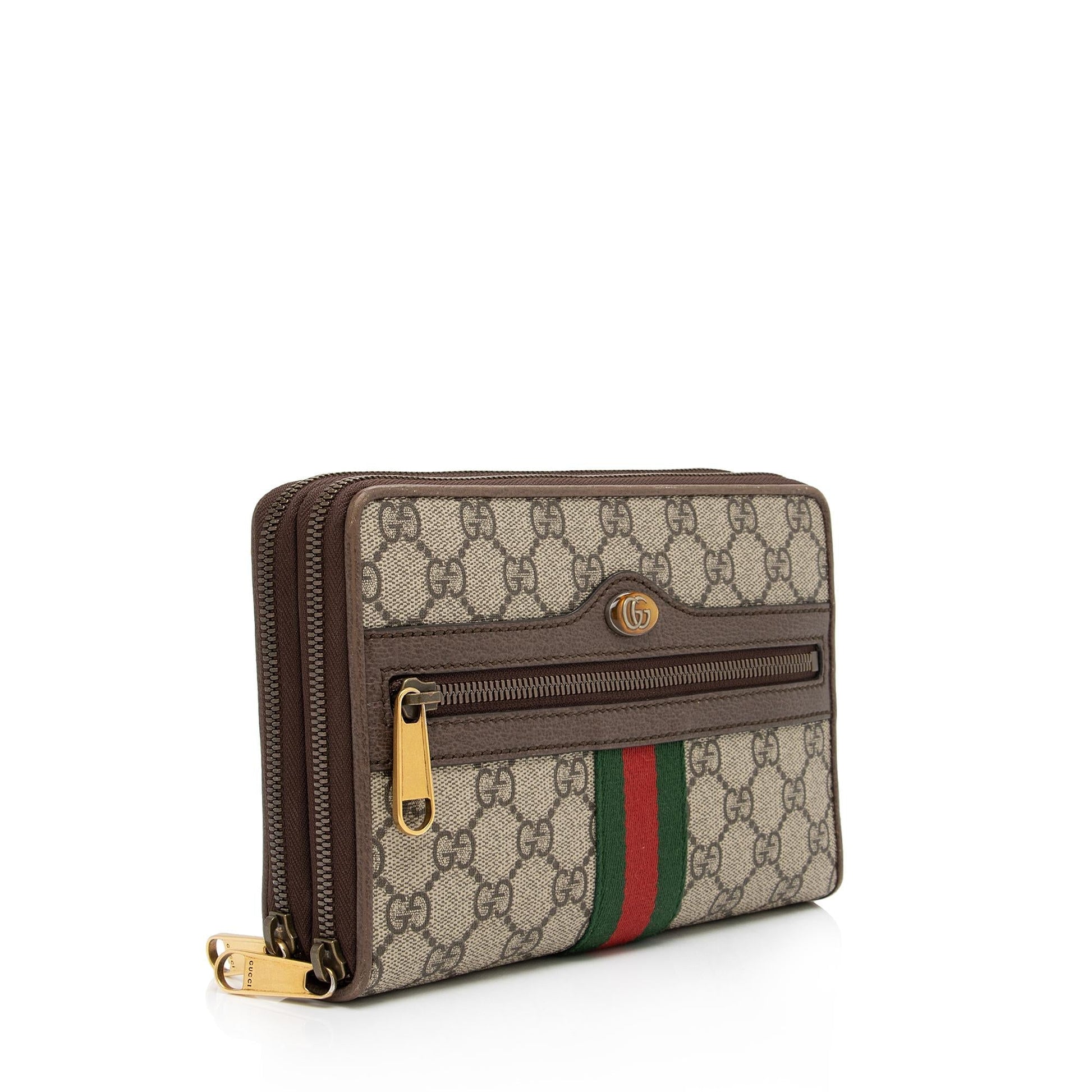 Gucci GG Supreme Ophidia Double Zip Leather Canvas Brown Beige Crossbody Bag
