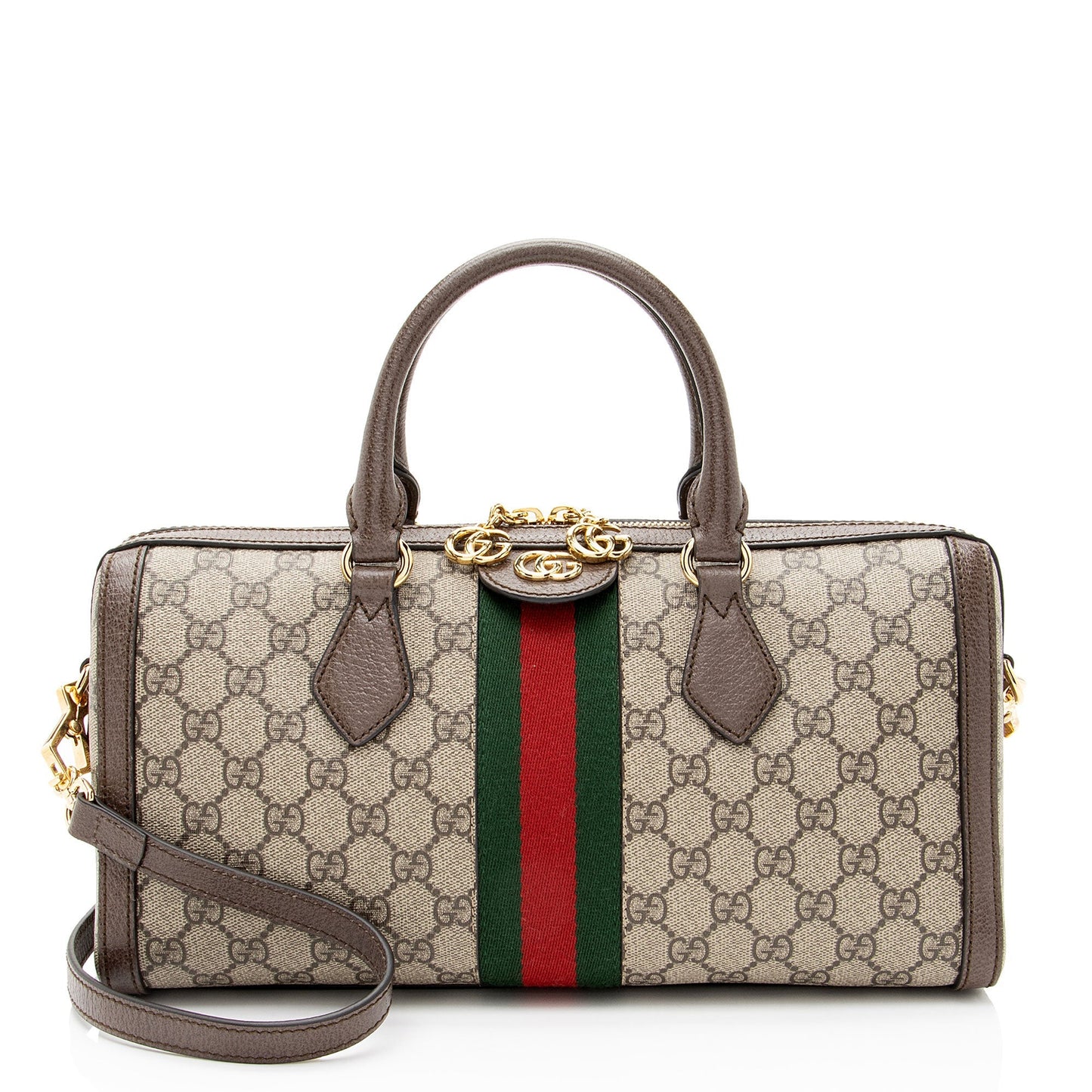 Gucci GG Supreme Ophidia Boston Leather Canvas Nylon Brown Satchel Bag
