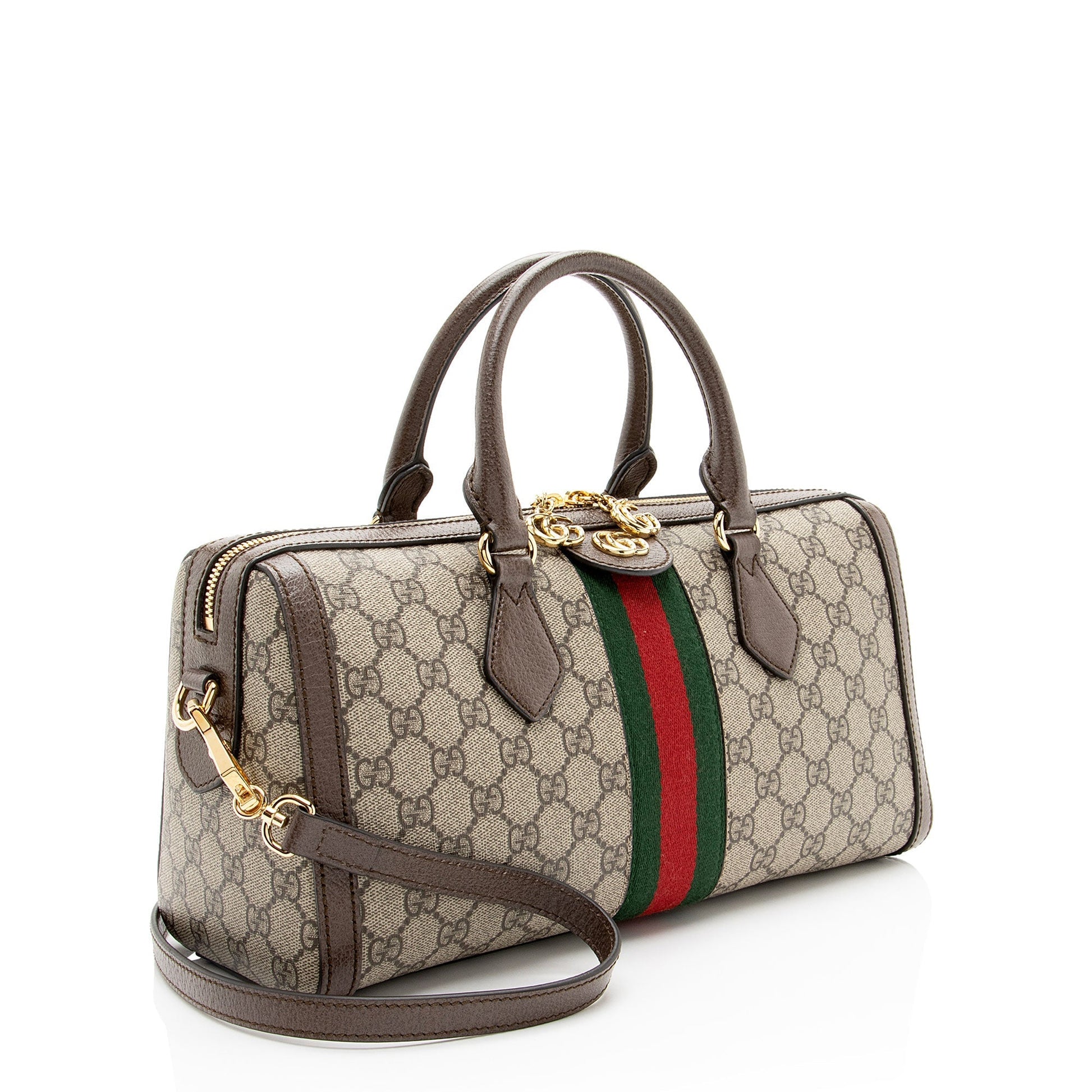 Gucci GG Supreme Ophidia Boston Leather Canvas Nylon Brown Satchel Bag