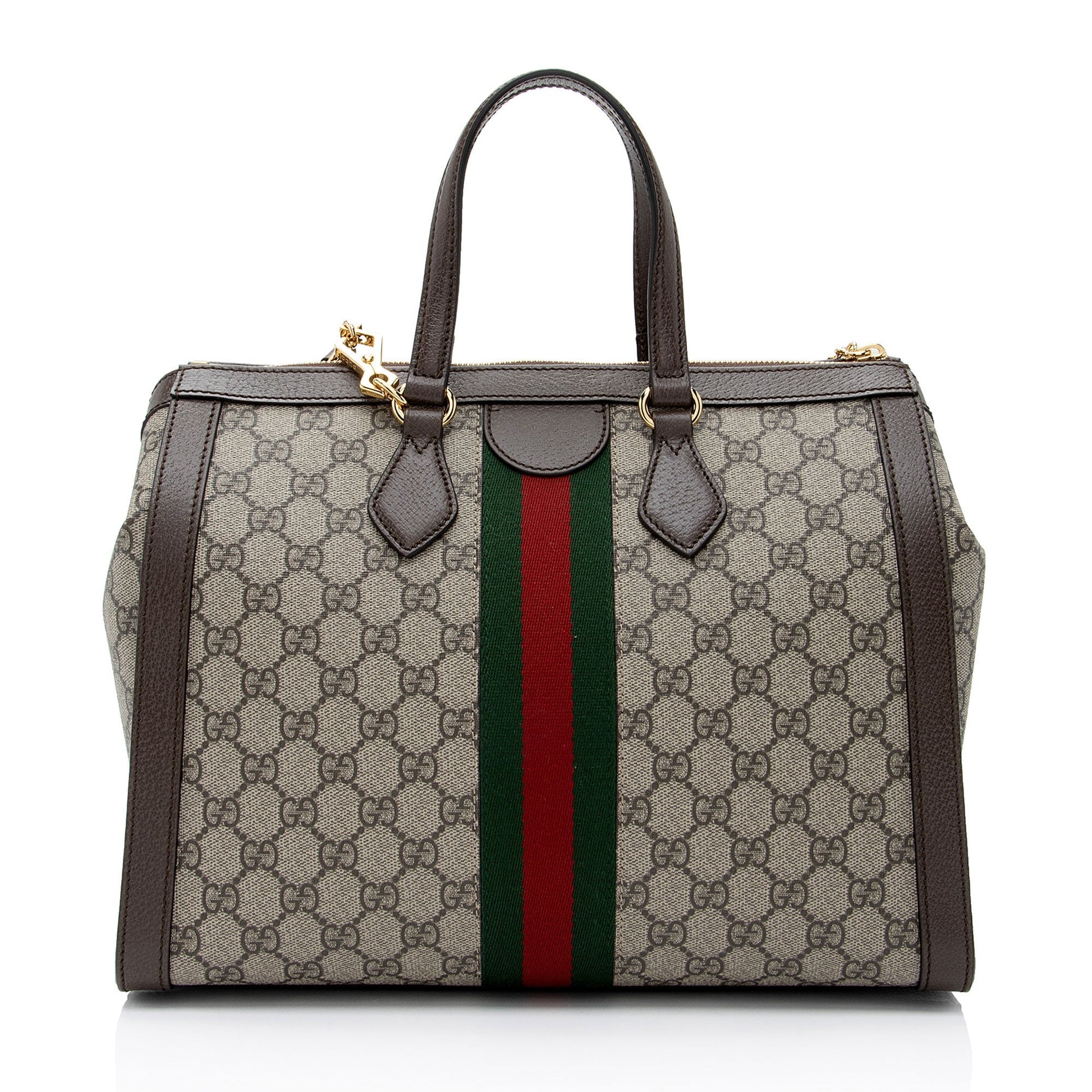 Gucci GG Supreme Ophidia Top Handle Leather Canvas Nylon Brown Tote Bag Shf Vignlg
