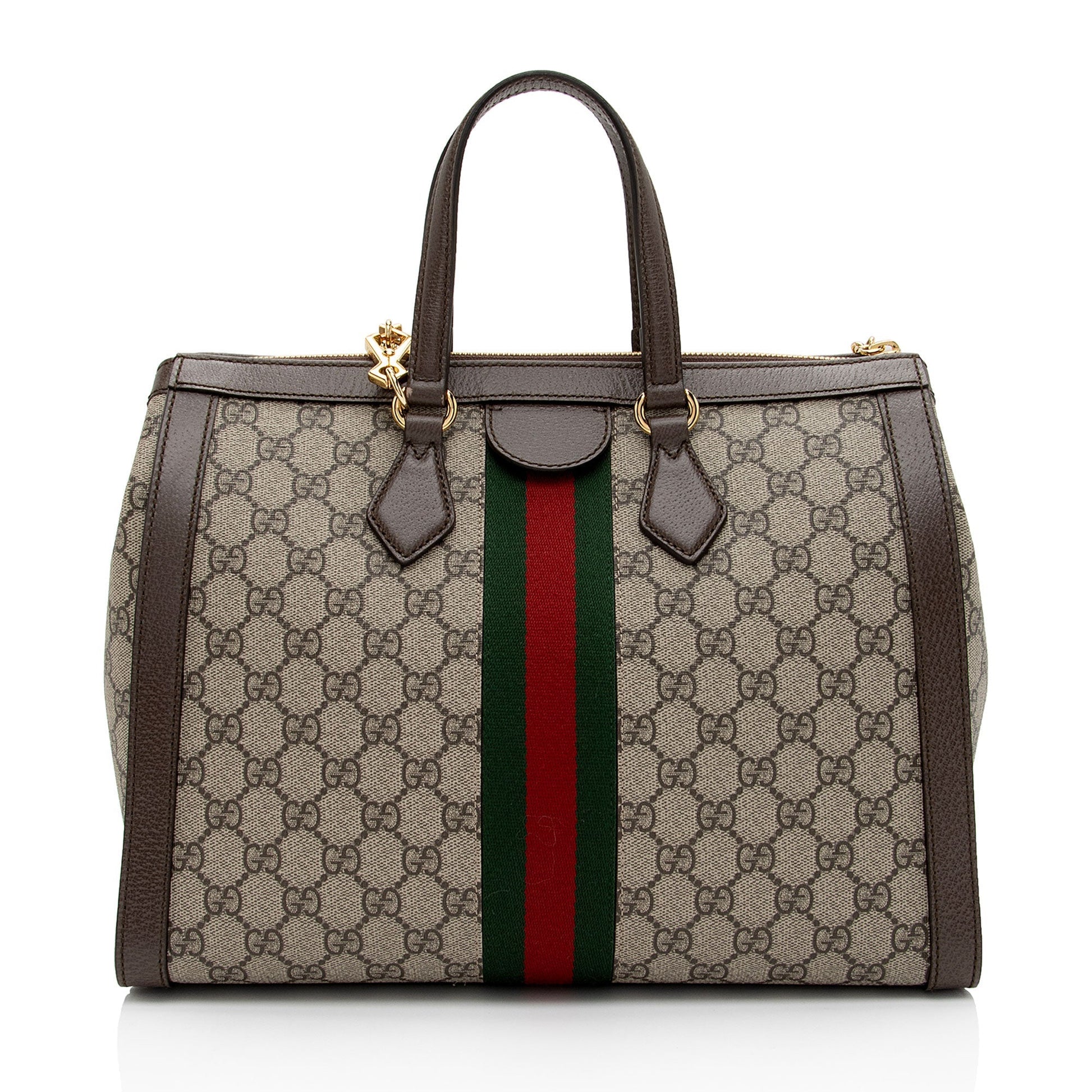 Gucci GG Supreme Ophidia Top Handle Leather Canvas Nylon Brown Tote Bag