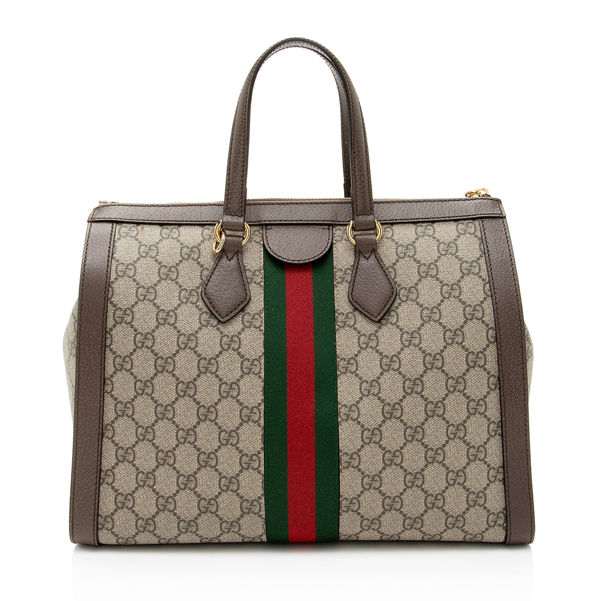 Gucci GG Supreme Ophidia Leather Canvas Nylon Brown Tote Bag Medium Tote