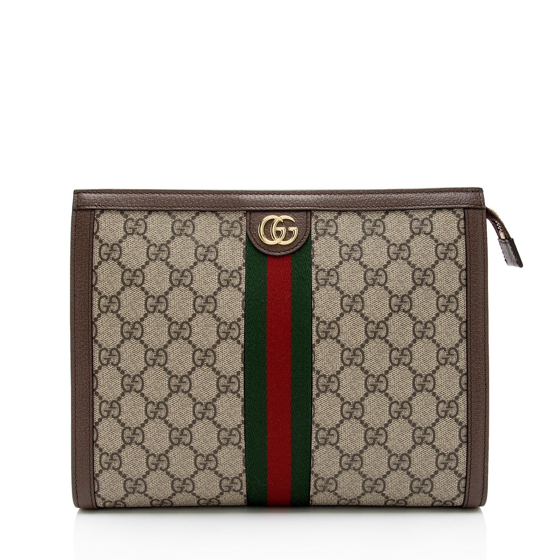 Gucci GG Supreme Ophidia Pouch SHF-3cQwlt Leather Canvas Nylon Brown Clutch Bag