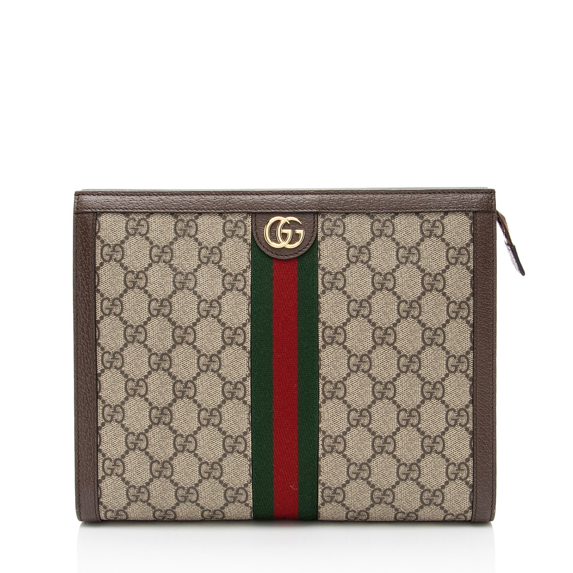 Gucci GG Supreme Ophidia Pouch Leather Canvas Nylon Brown Clutch Bag