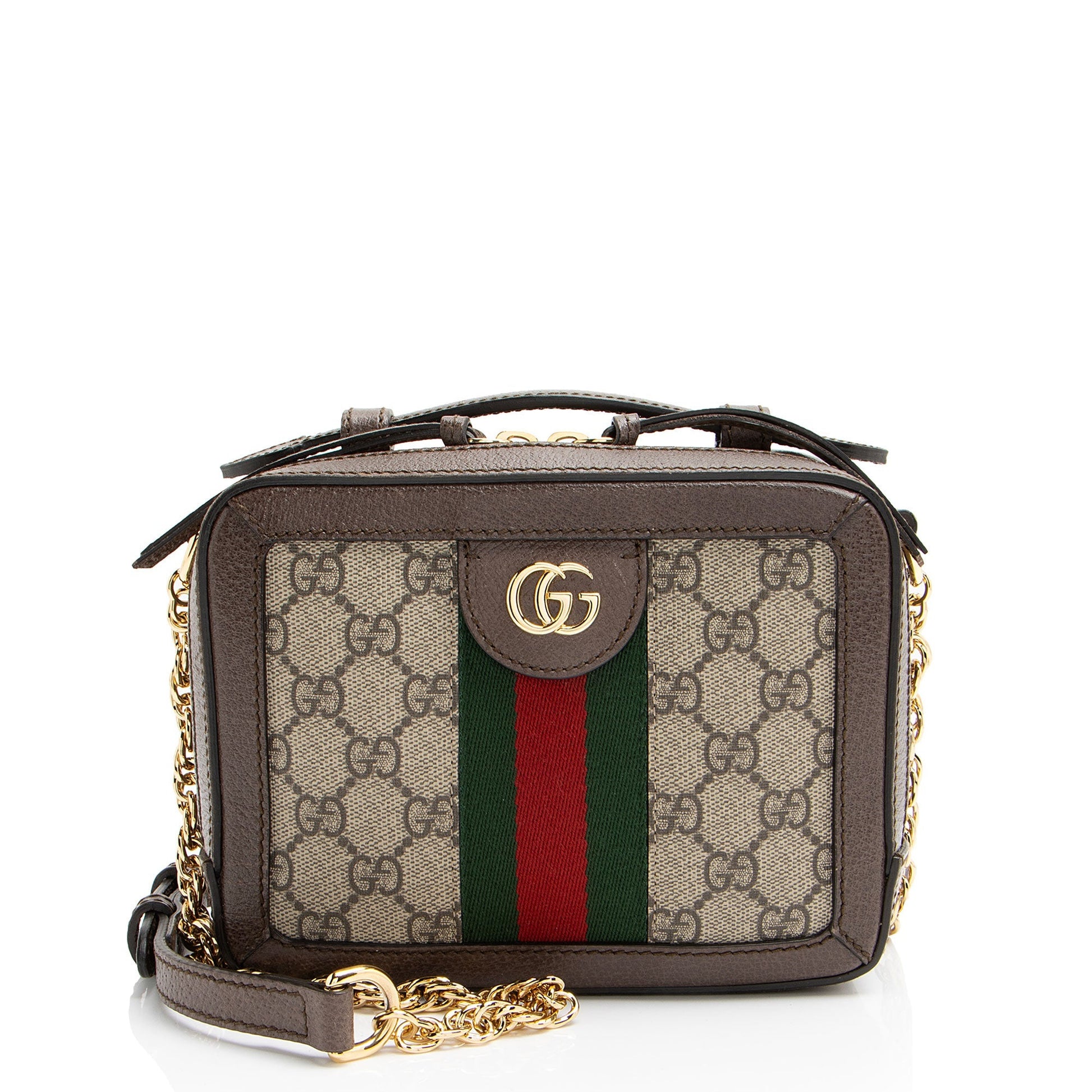Gucci GG Supreme Ophidia Top Handle Leather Canvas Nylon Brown Crossbody Bag Shf No0Be8