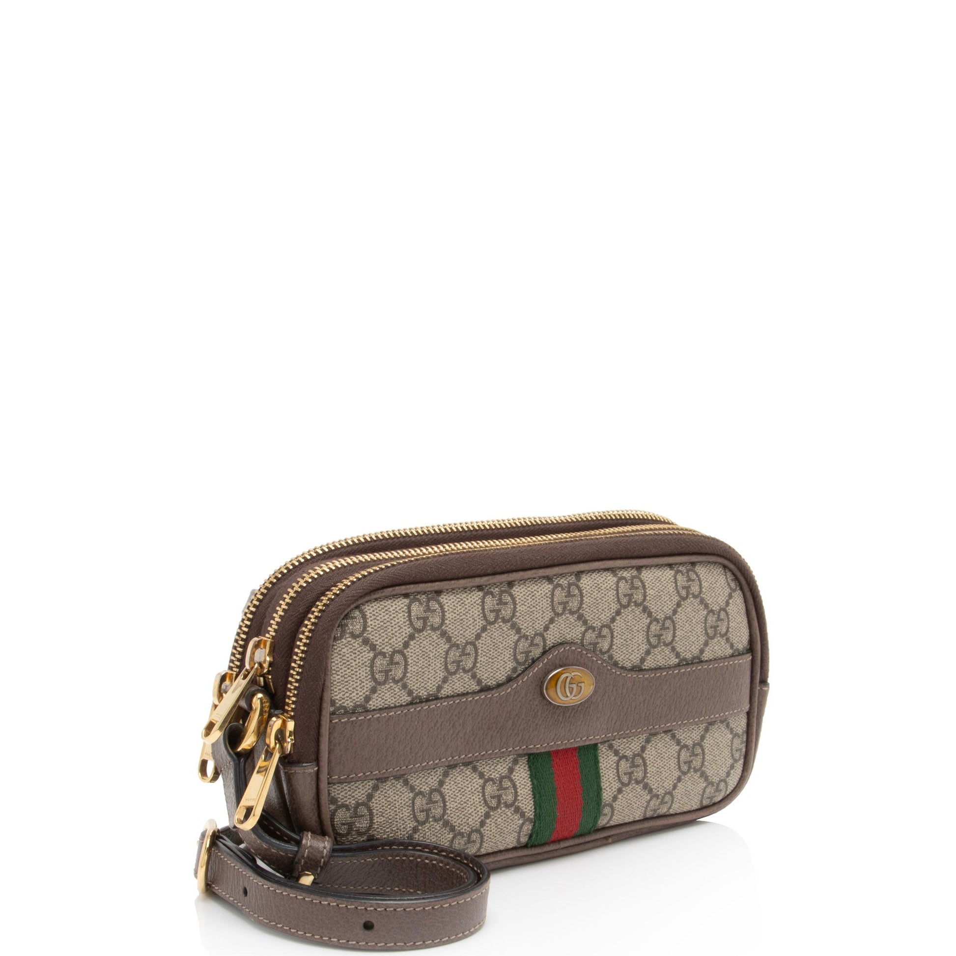 Gucci GG Supreme Ophidia Triple Zip Leather Canvas Nylon Brown Crossbody Bag