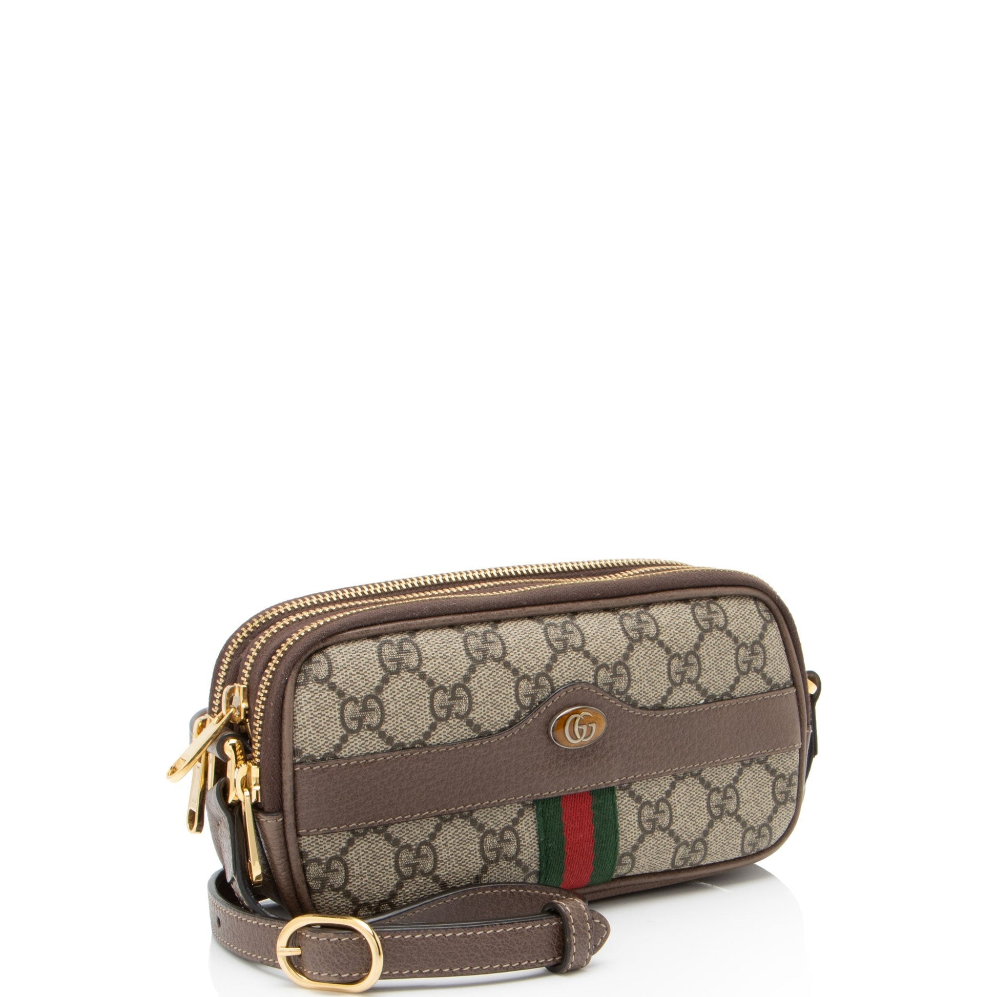Gucci GG Supreme Ophidia Triple Zip Leather Canvas Nylon Brown Crossbody Bag Shf Que4If