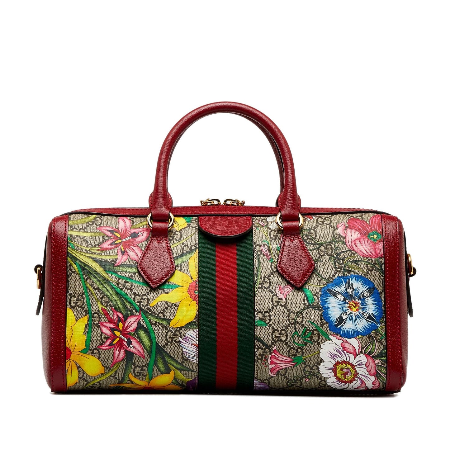 Gucci GG Supreme Ophidia Web Flora Canvas Calf Red Satchel Bag