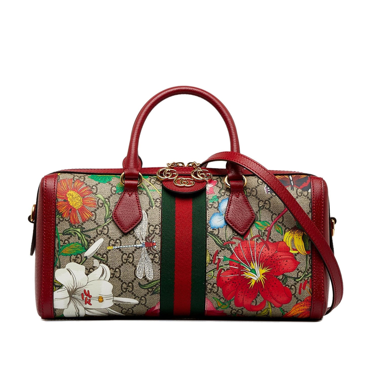 Gucci GG Supreme Ophidia Web Flora Canvas Calf Red Satchel Bag