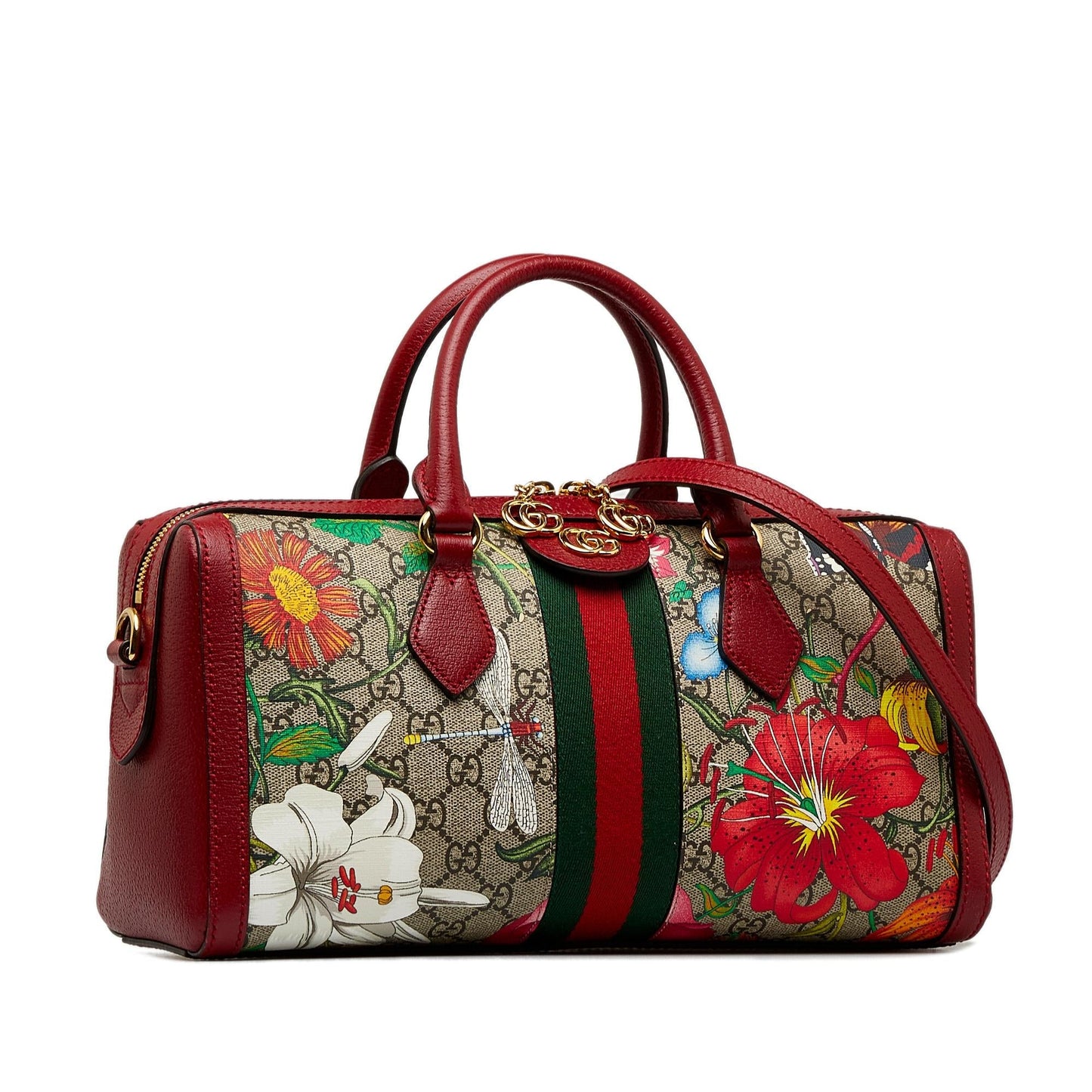 Gucci GG Supreme Ophidia Web Flora Canvas Calf Red Satchel Bag
