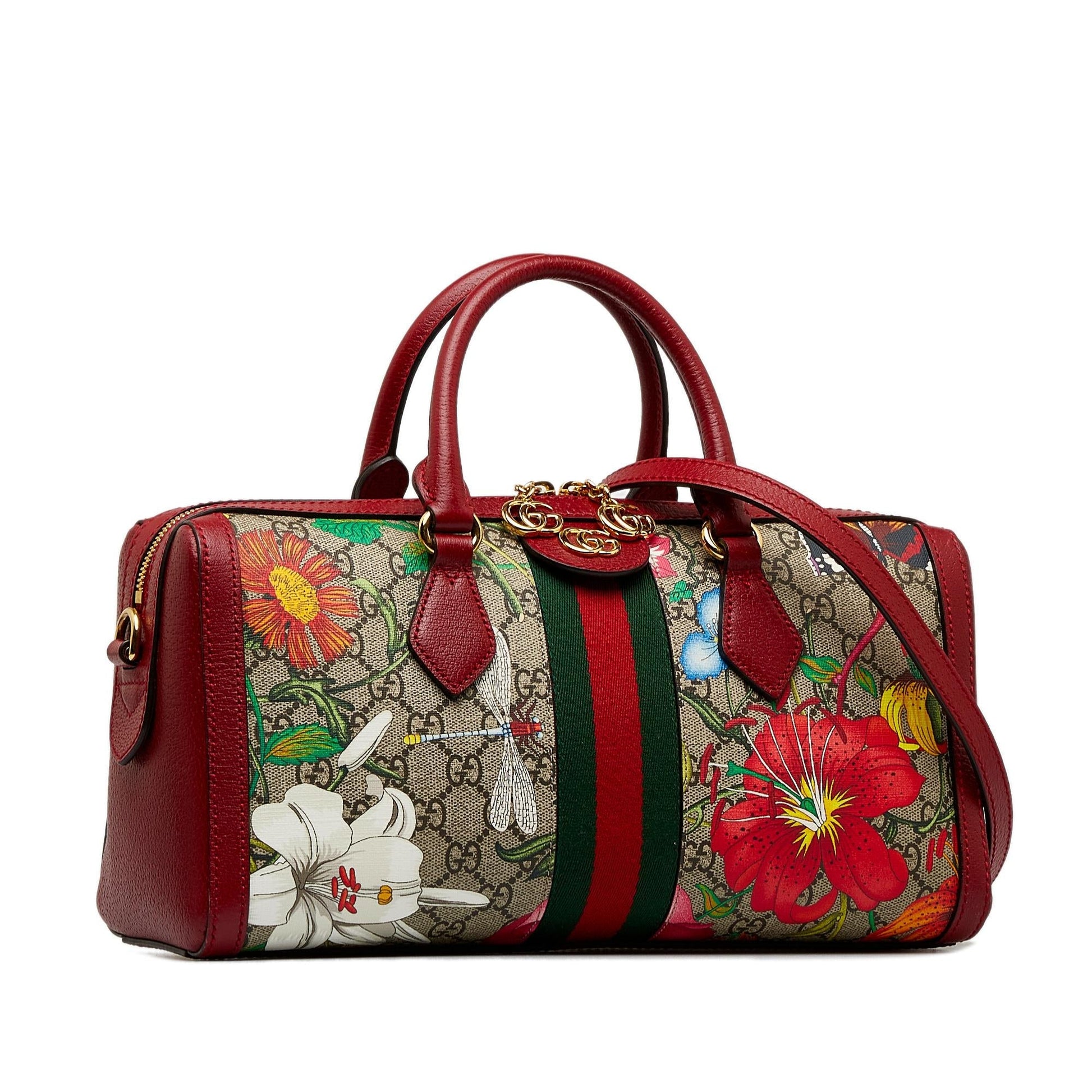 Gucci GG Supreme Ophidia Web Flora Canvas Calf Red Satchel Bag