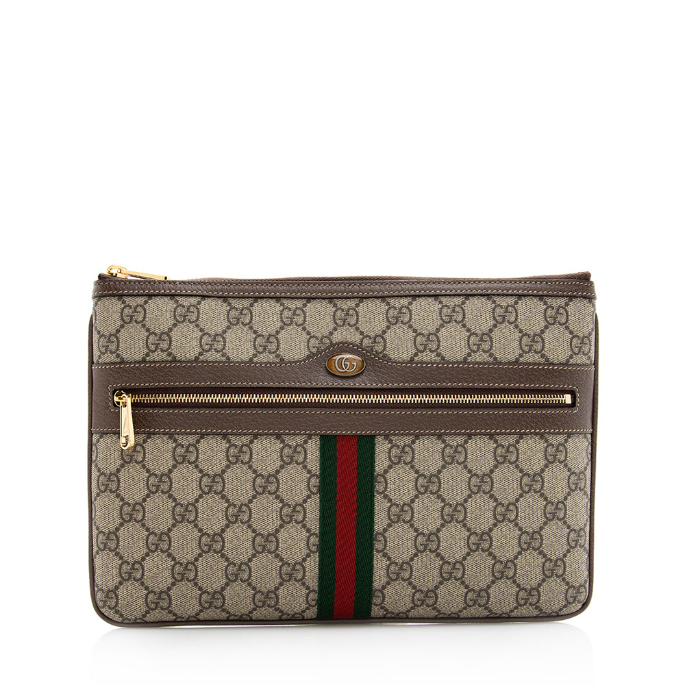 Gucci GG Supreme Ophidia Zip Pouch Leather Canvas Nylon Beige Clutch Bag