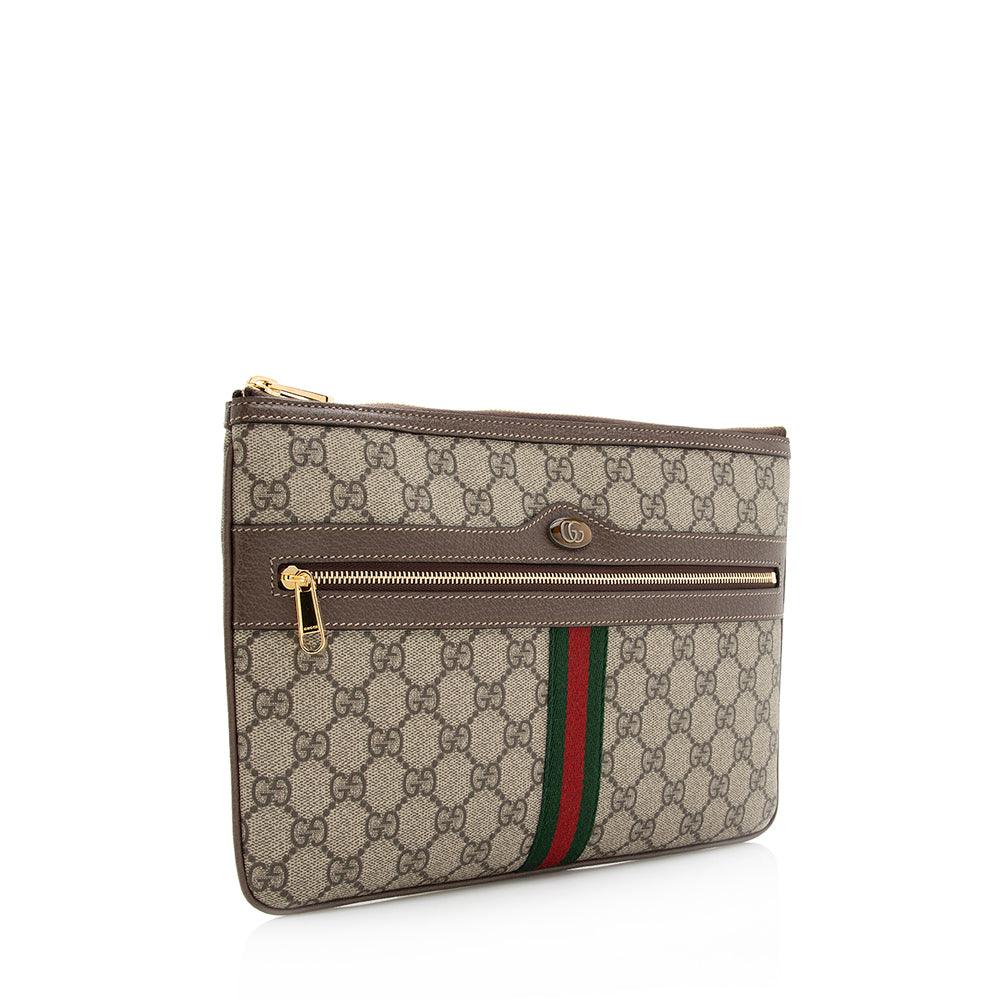 Gucci GG Supreme Ophidia Zip Pouch Leather Canvas Nylon Beige Clutch Bag