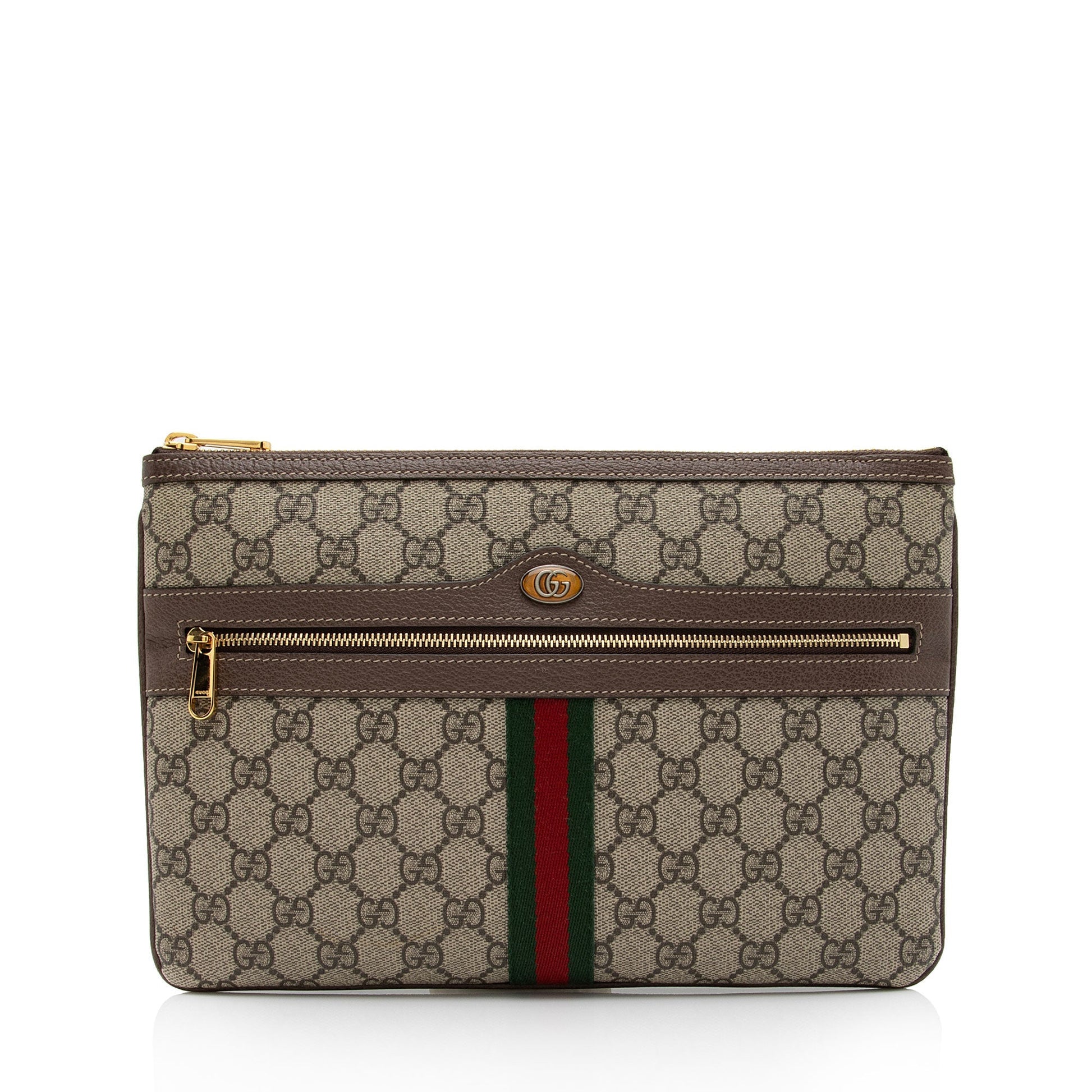Gucci GG Supreme Ophidia Zip Pouch Leather Canvas Nylon Brown Clutch Bag Shf Kmzkgj