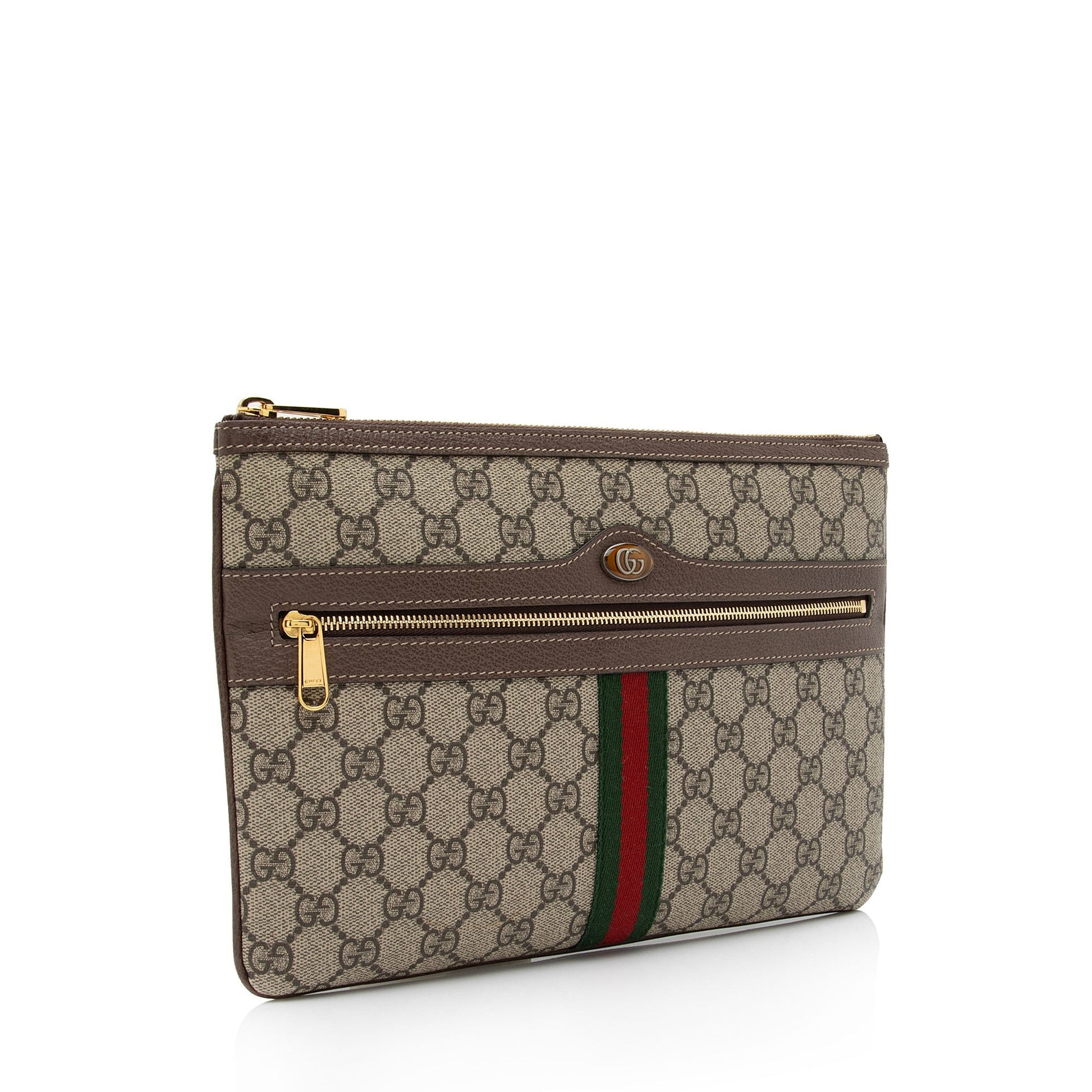 Gucci GG Supreme Ophidia Zip Pouch Leather Canvas Nylon Brown Clutch Bag Shf Kmzkgj