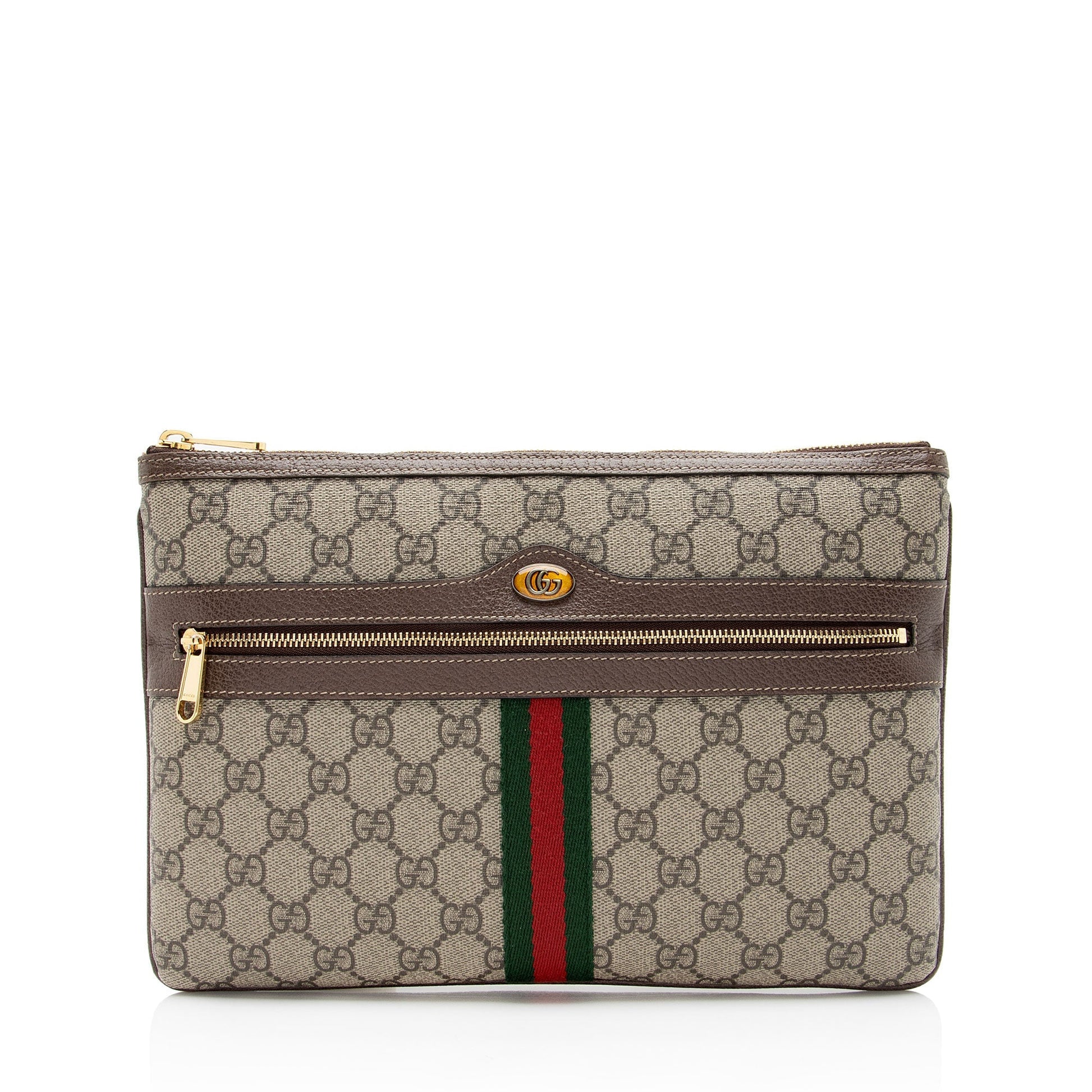 Gucci GG Supreme Ophidia Zip Pouch Leather Canvas Nylon Brown Clutch Bag