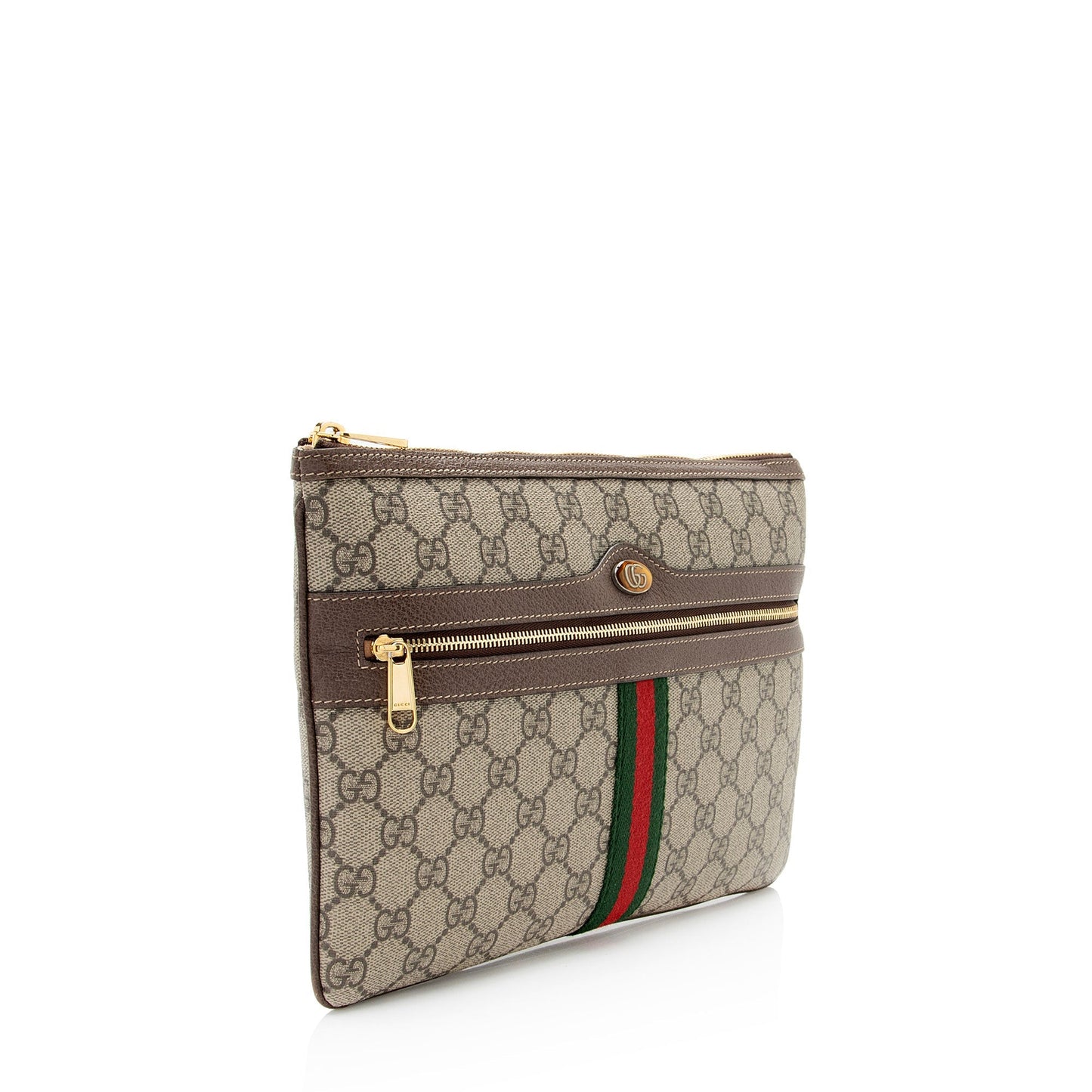 Gucci GG Supreme Ophidia Zip Pouch Leather Canvas Nylon Brown Clutch Bag