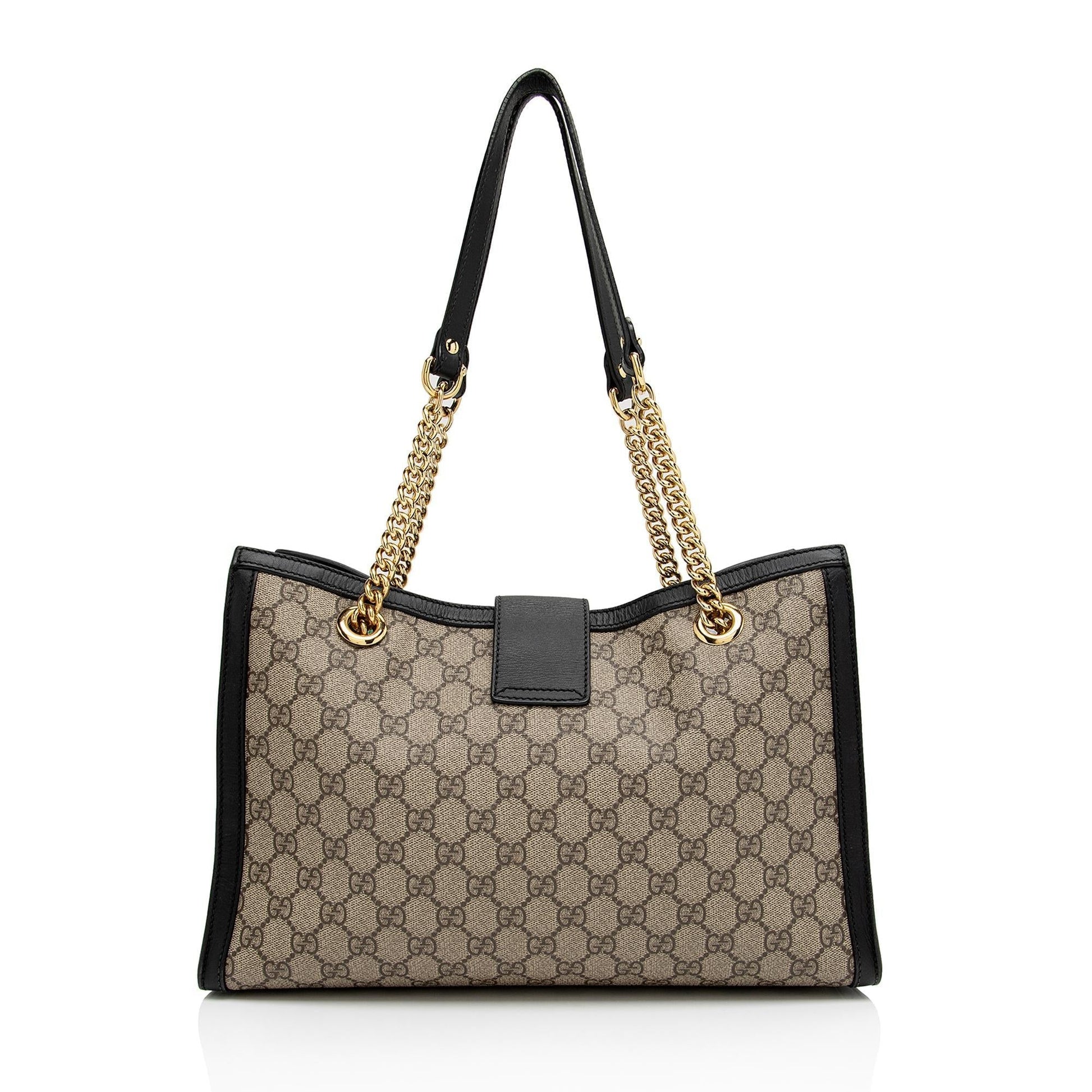Gucci GG Supreme Padlock Chain SHF-pzwoLp Leather Canvas Black Beige Shoulder Bag