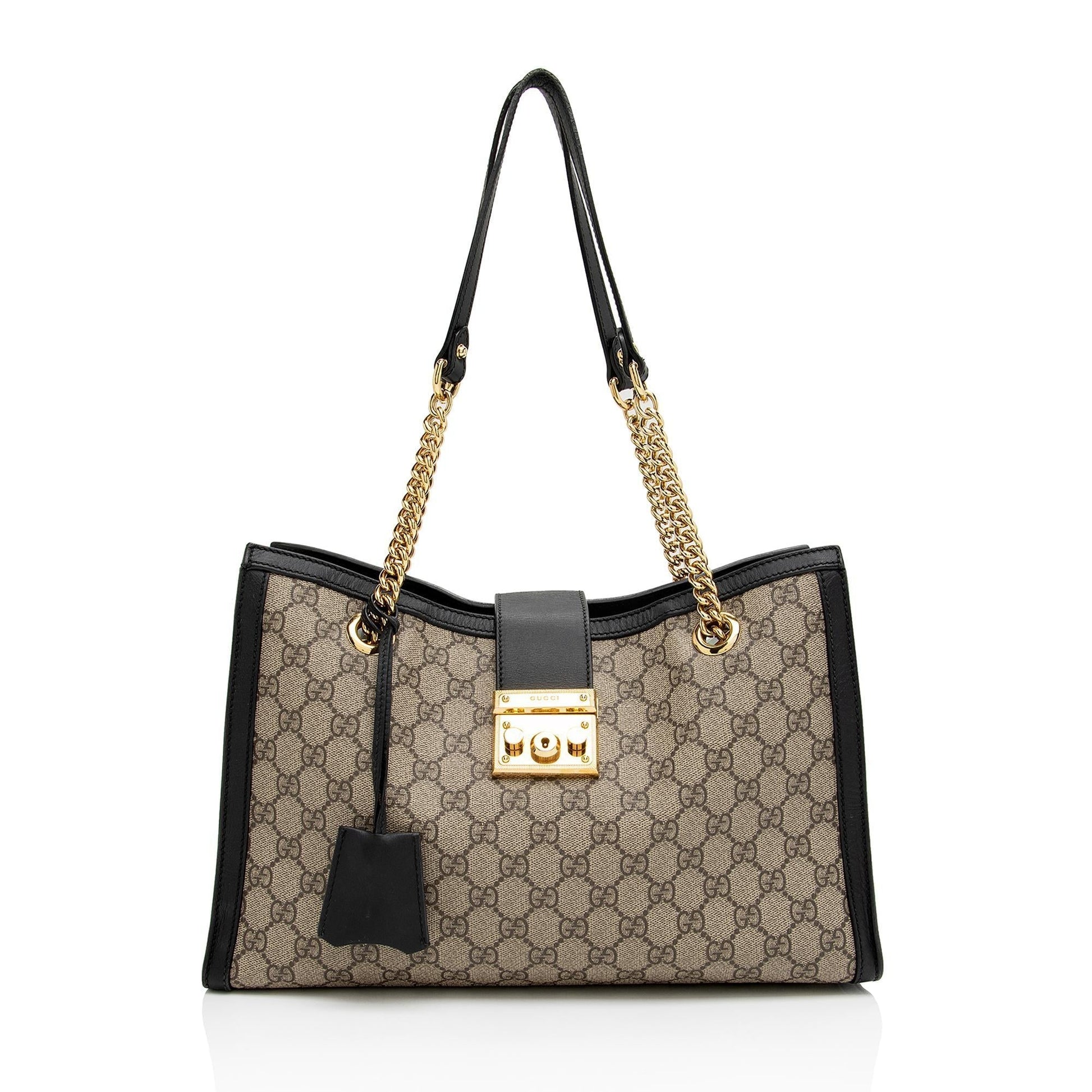 Gucci GG Supreme Padlock Chain SHF-pzwoLp Leather Canvas Black Beige Shoulder Bag
