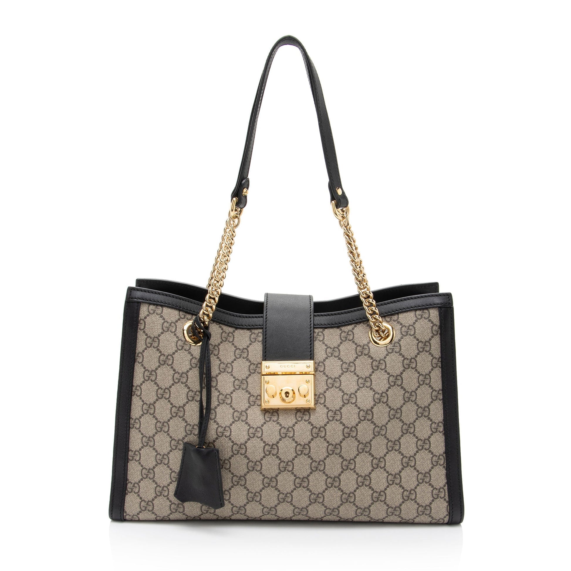Gucci GG Supreme Padlock Chain SHF-cqPKOC Leather Canvas Black Beige Shoulder Bag
