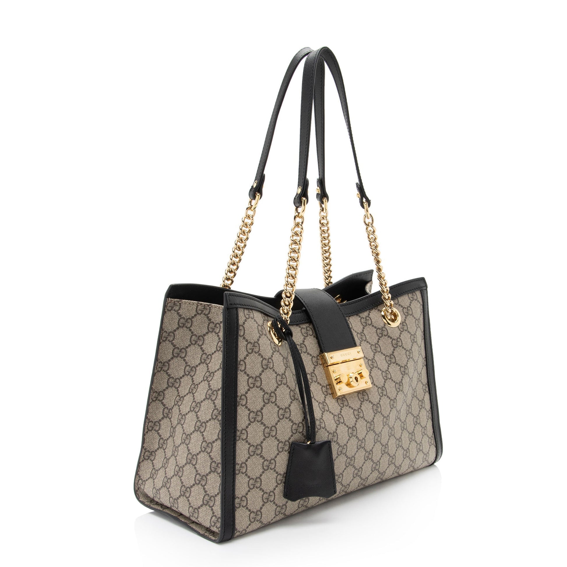 Gucci GG Supreme Padlock Chain SHF-cqPKOC Leather Canvas Black Beige Shoulder Bag