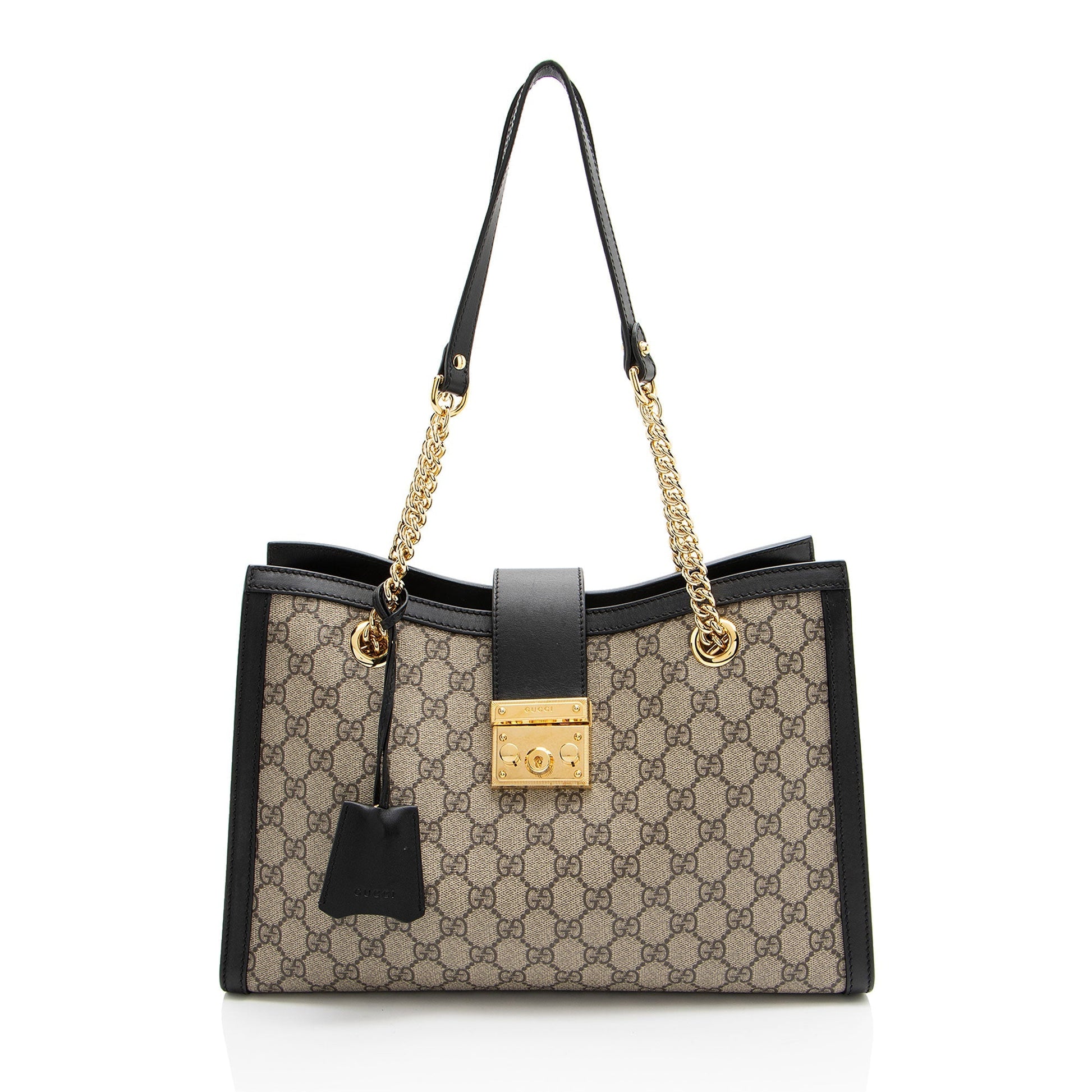 Gucci GG Supreme Padlock Chain SHF-q4e2Rg Leather Canvas Black Beige Shoulder Bag