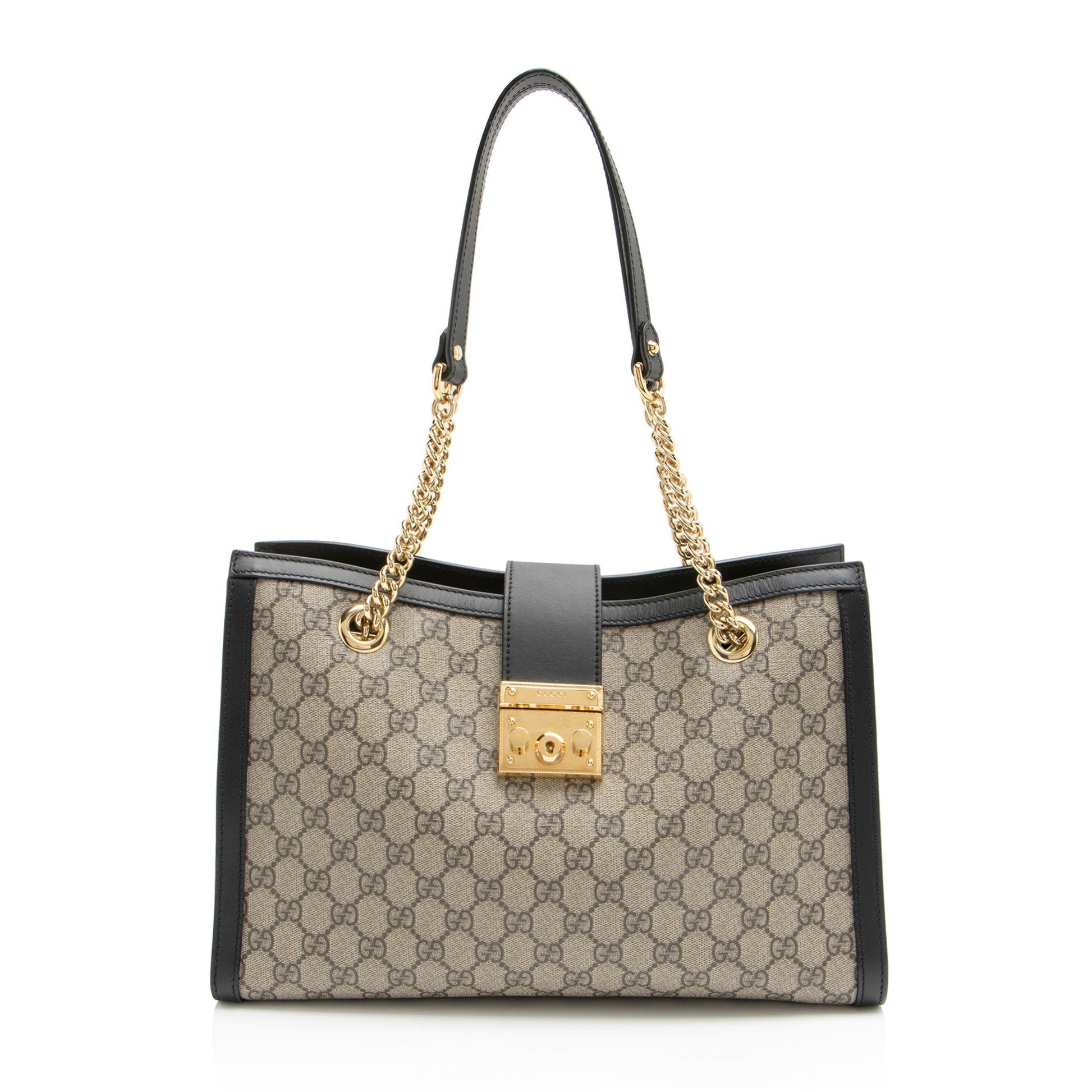 Gucci GG Supreme Padlock Chain SHF-aTdUTN Leather Canvas Black Brown Shoulder Bag