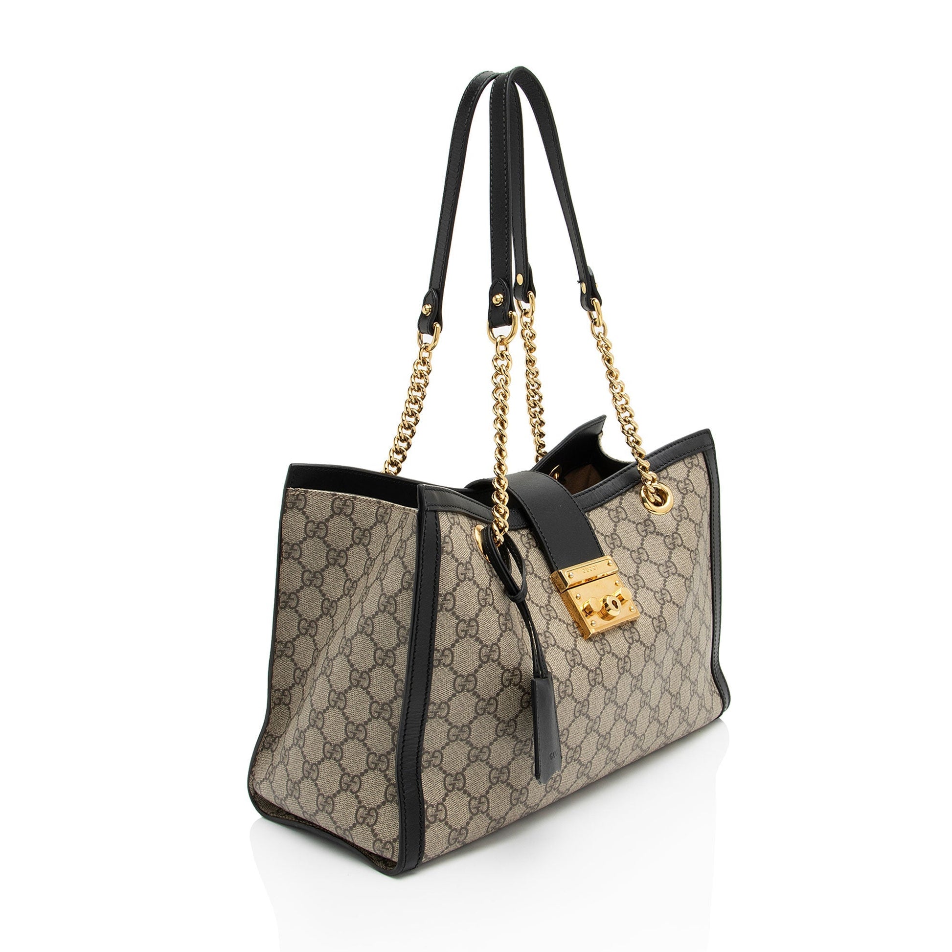 Gucci GG Supreme Padlock Chain Leather Canvas Beige Medium Shoulder Bag