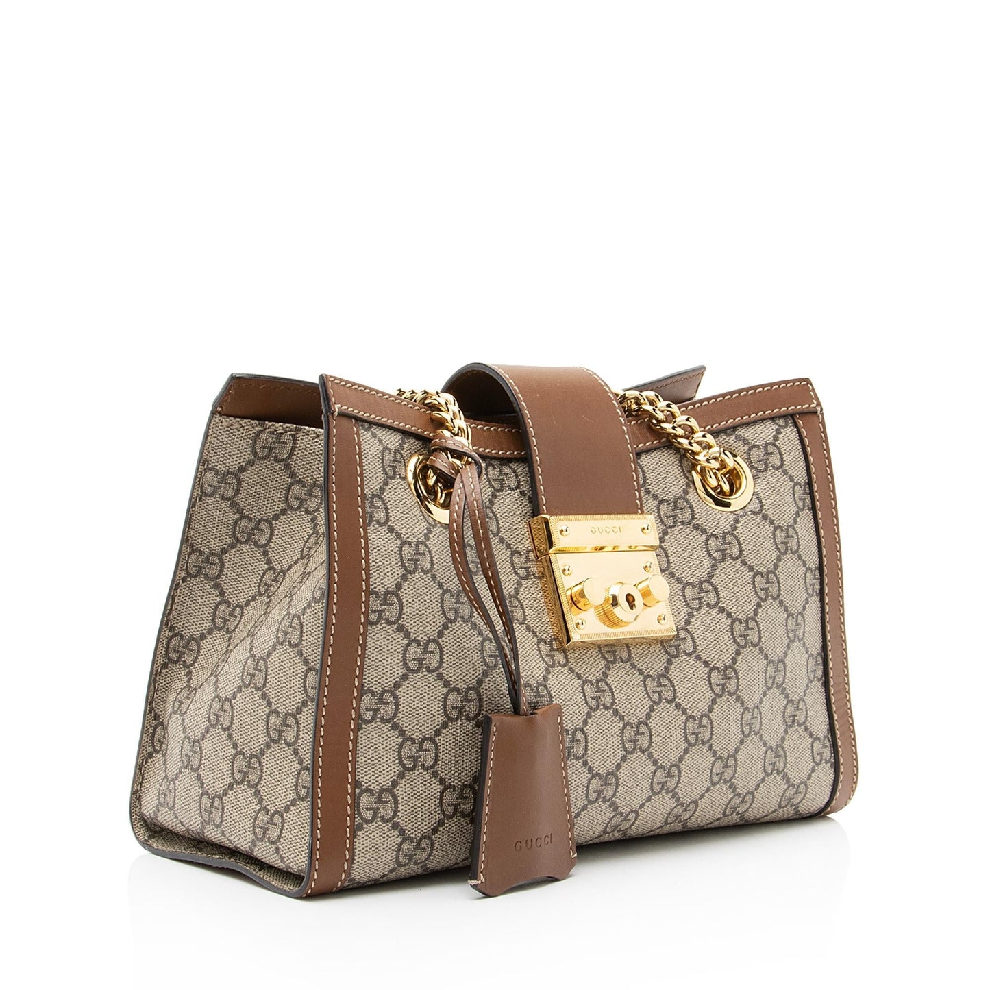 Gucci GG Supreme Padlock Chain SHF Leather Canvas Brown Beige Shoulder Bag